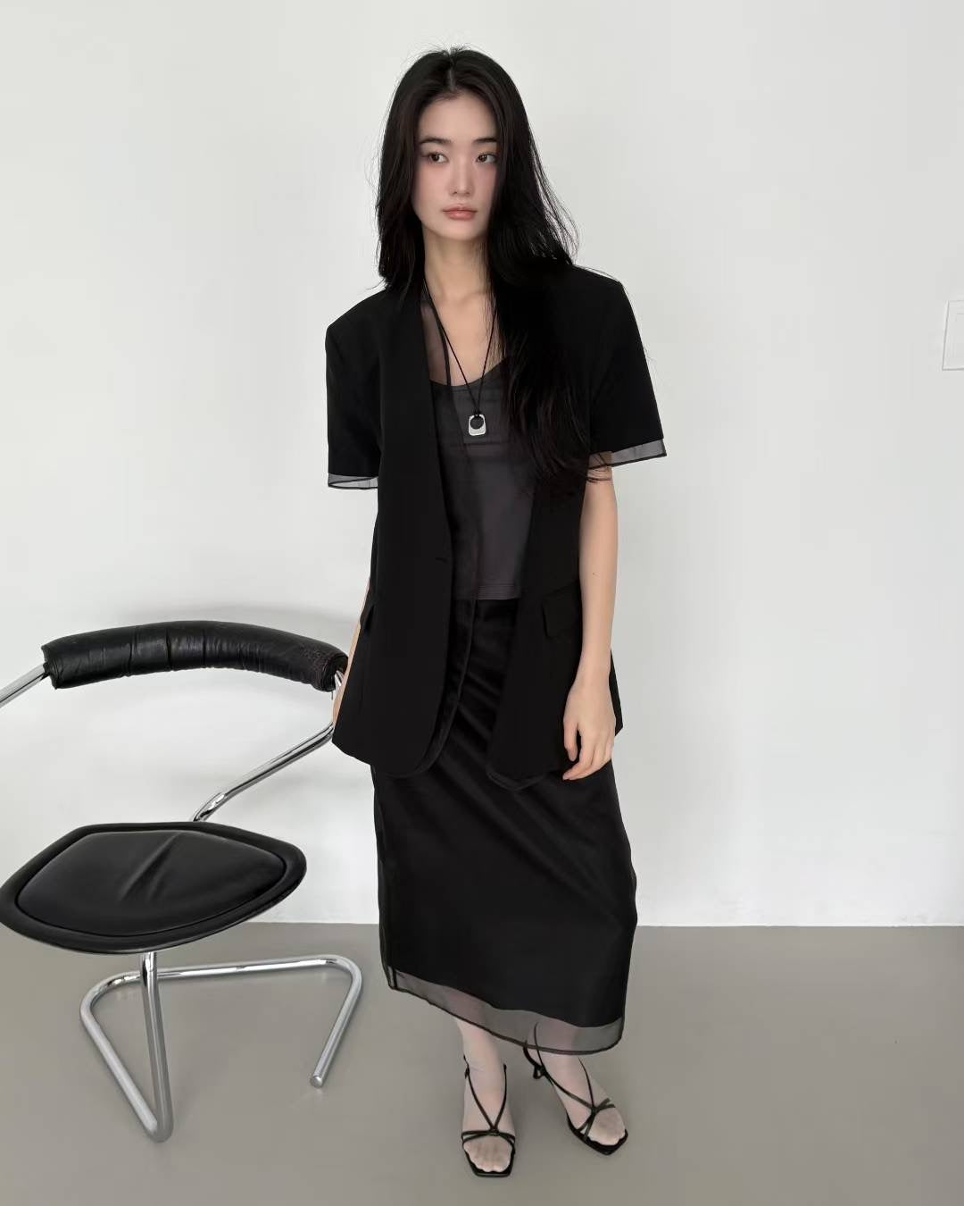 歐根紗layered短袖西裝外套