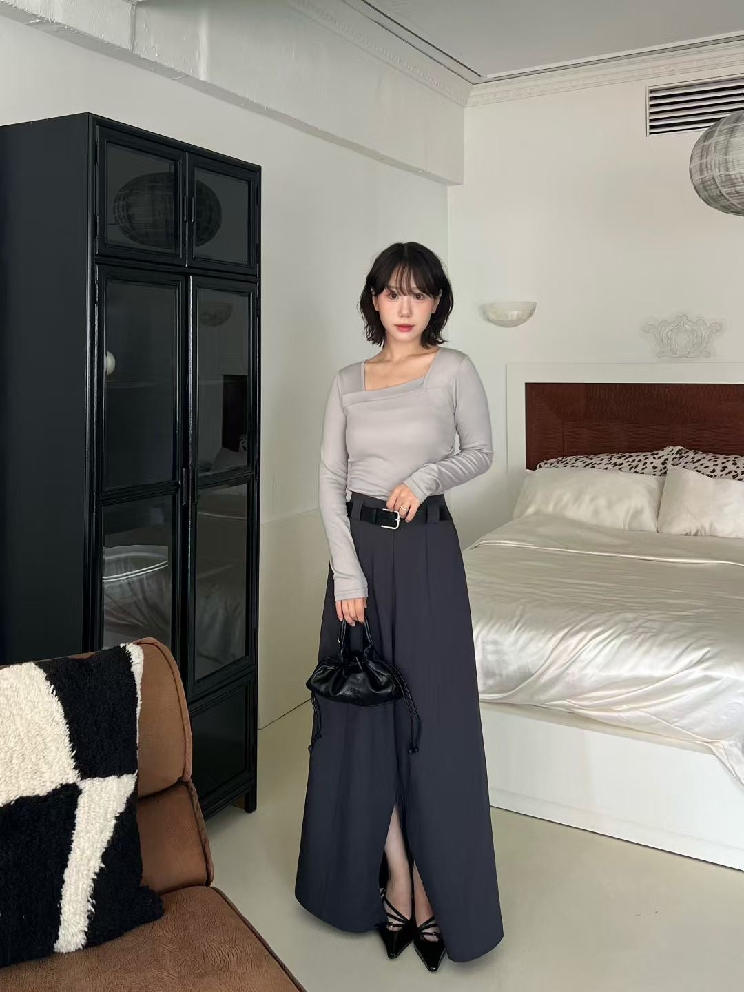 腰帶裝飾開叉西褲(適合腰圍30寸內)