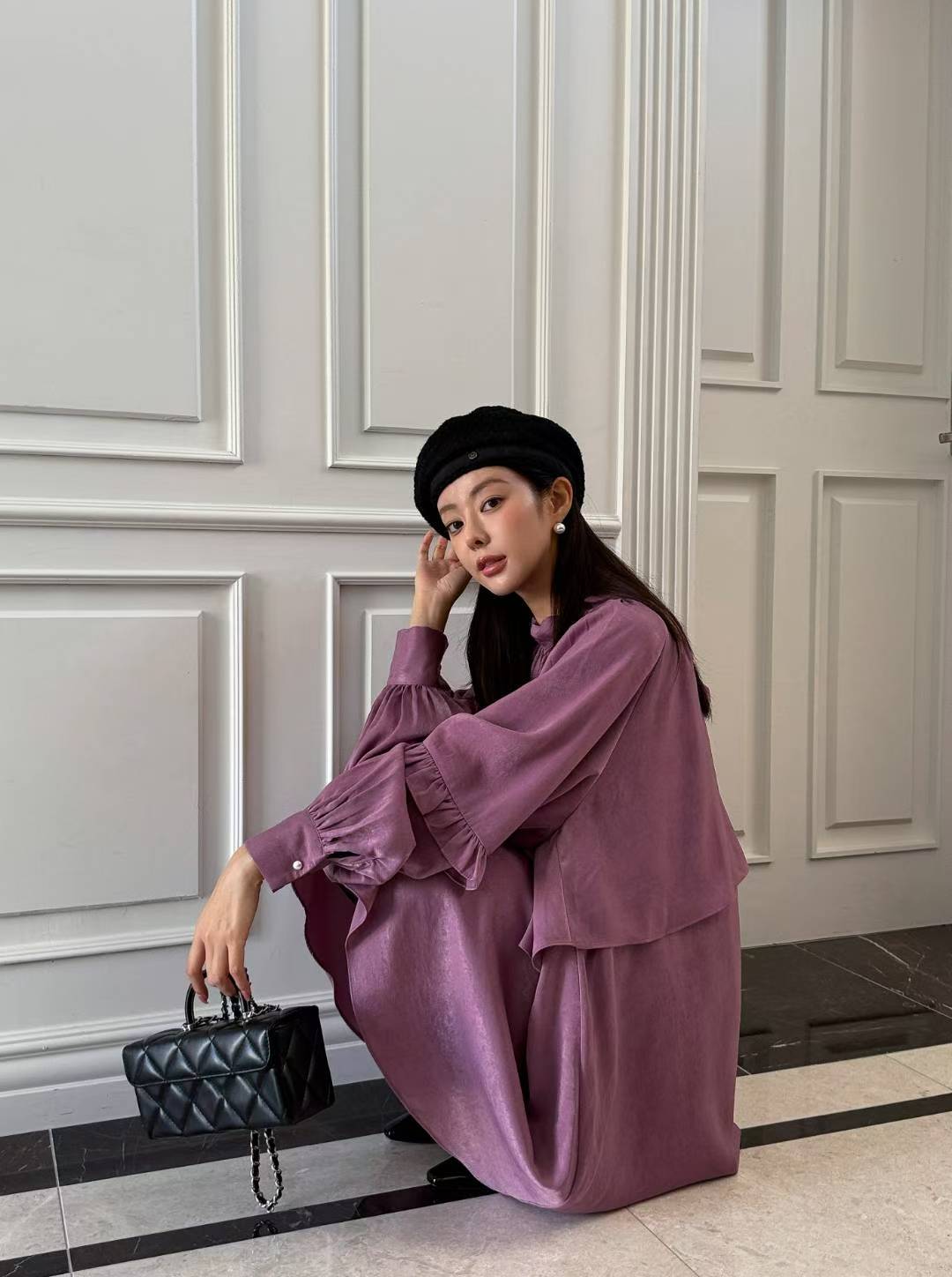 氣質蝴蝶結木耳邊寬松連衣裙