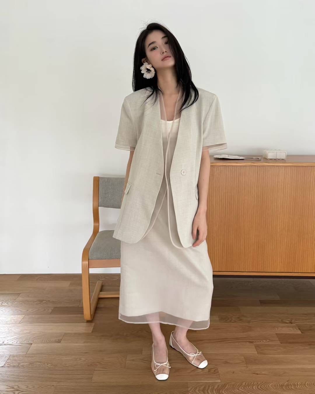 歐根紗layered短袖西裝外套