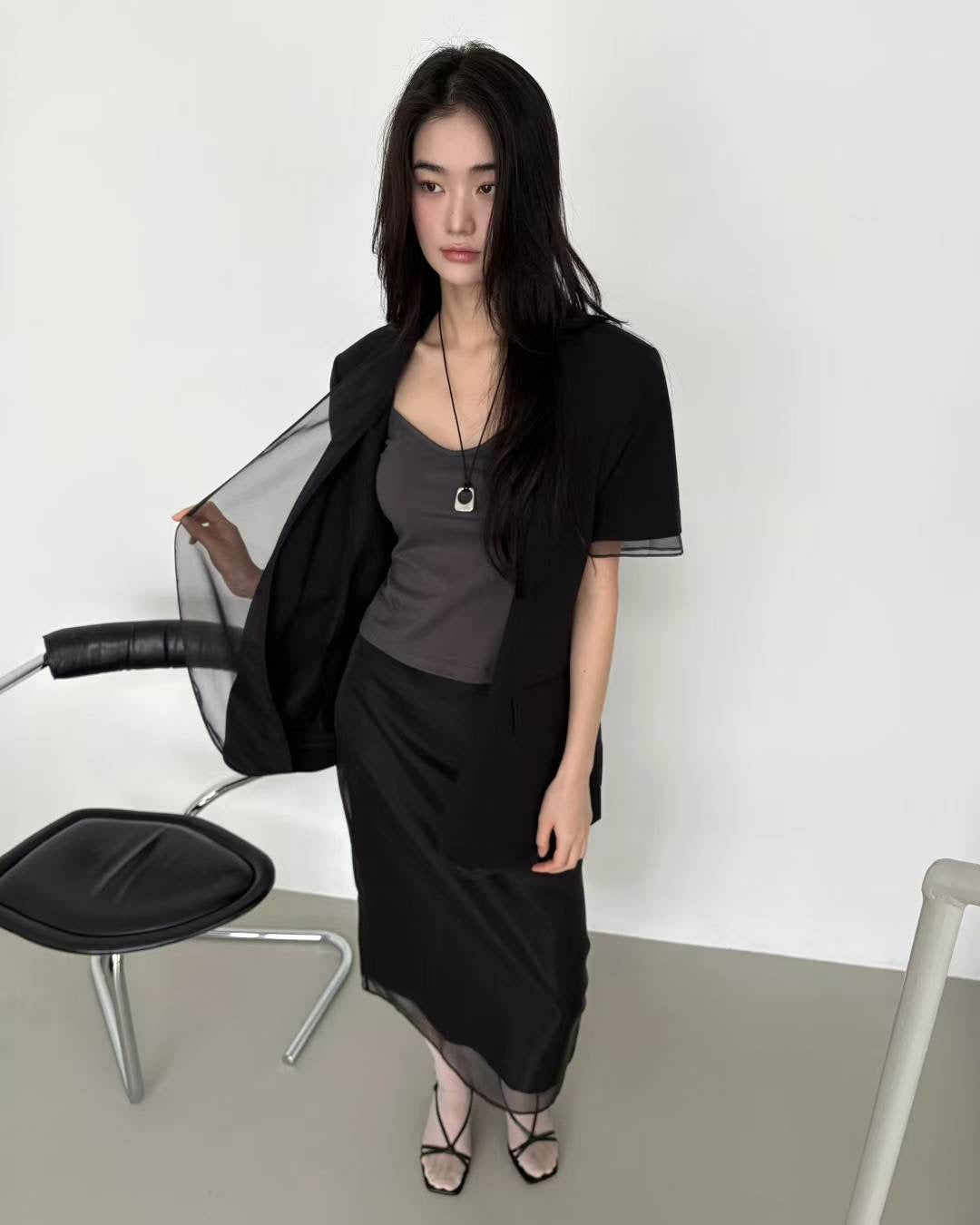 歐根紗layered短袖西裝外套