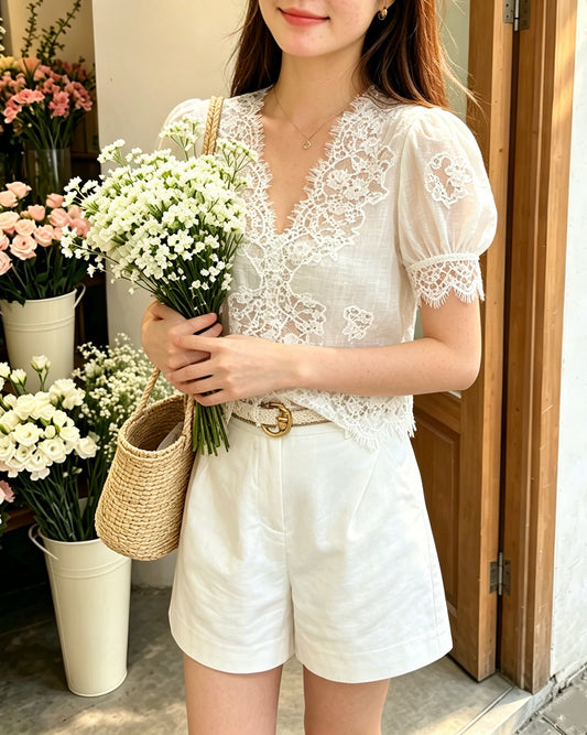 蕾絲邊泡泡袖top