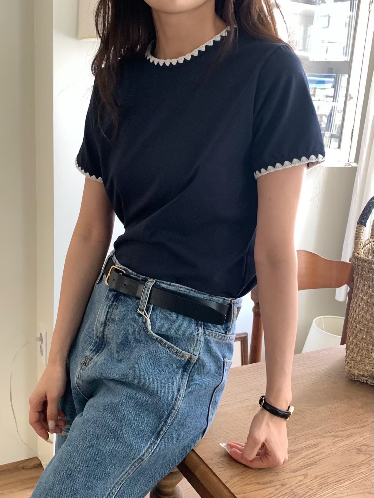 休閒針織花邊tee