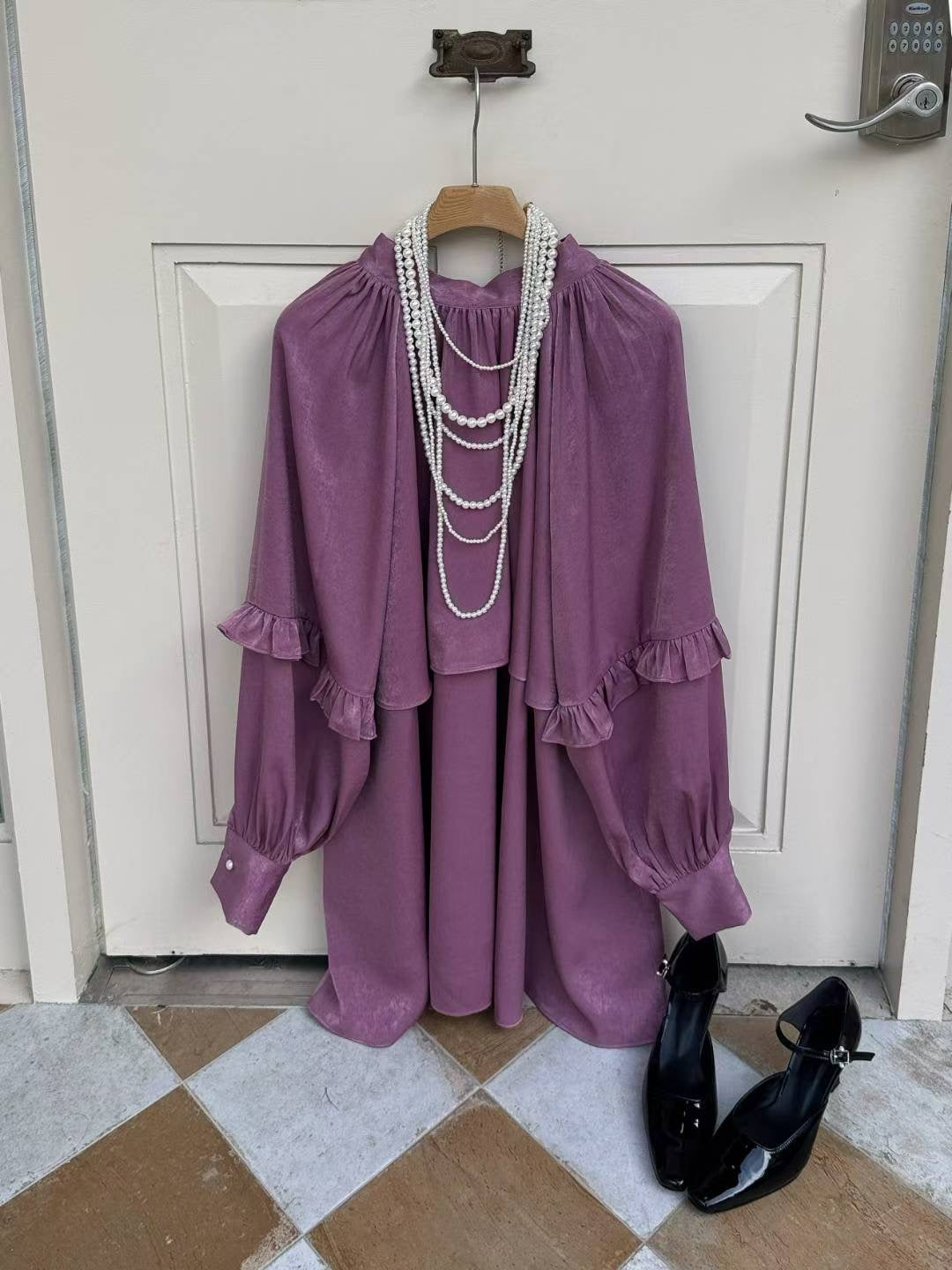 氣質蝴蝶結木耳邊寬松連衣裙