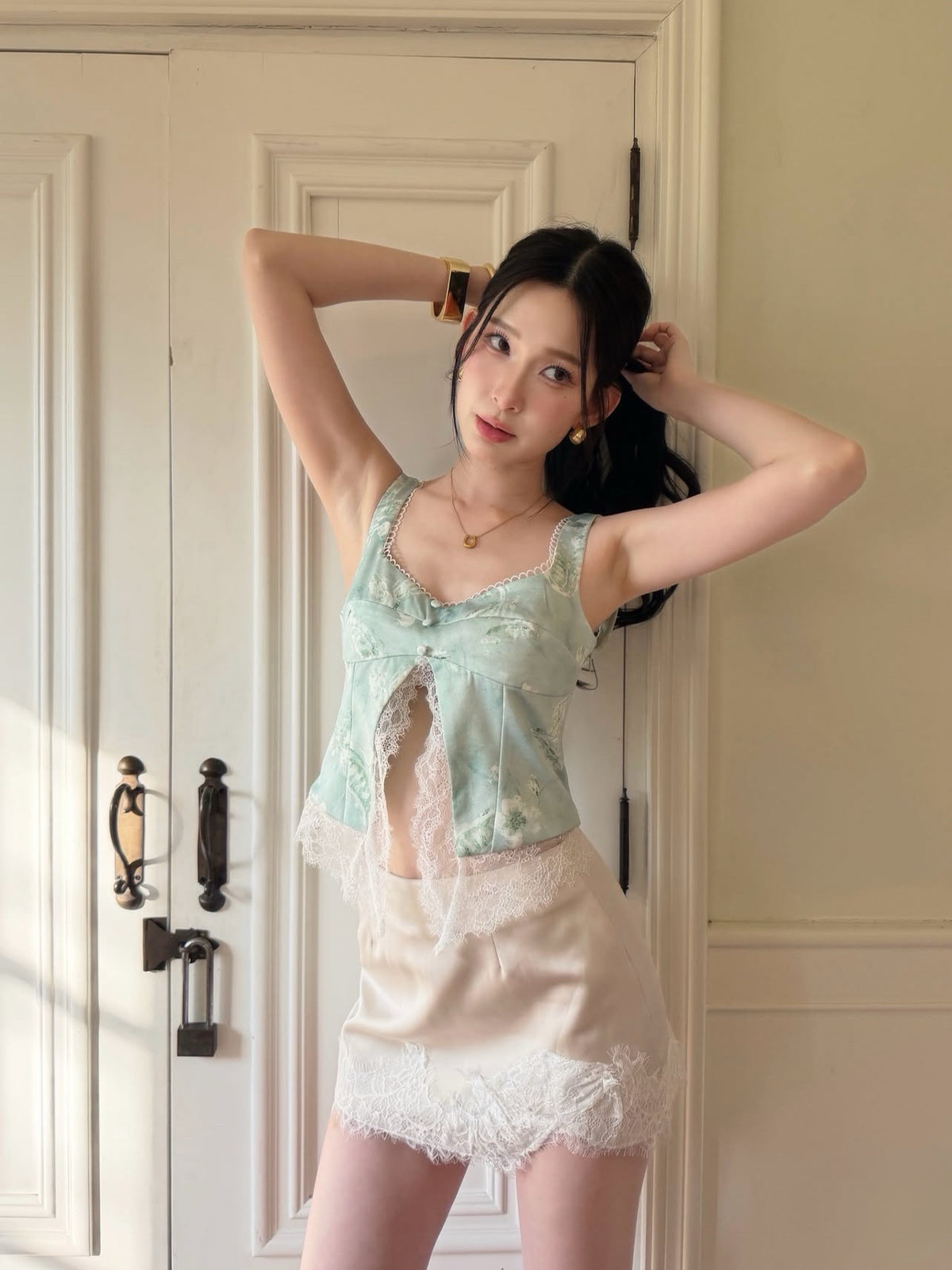 印花lace背心
