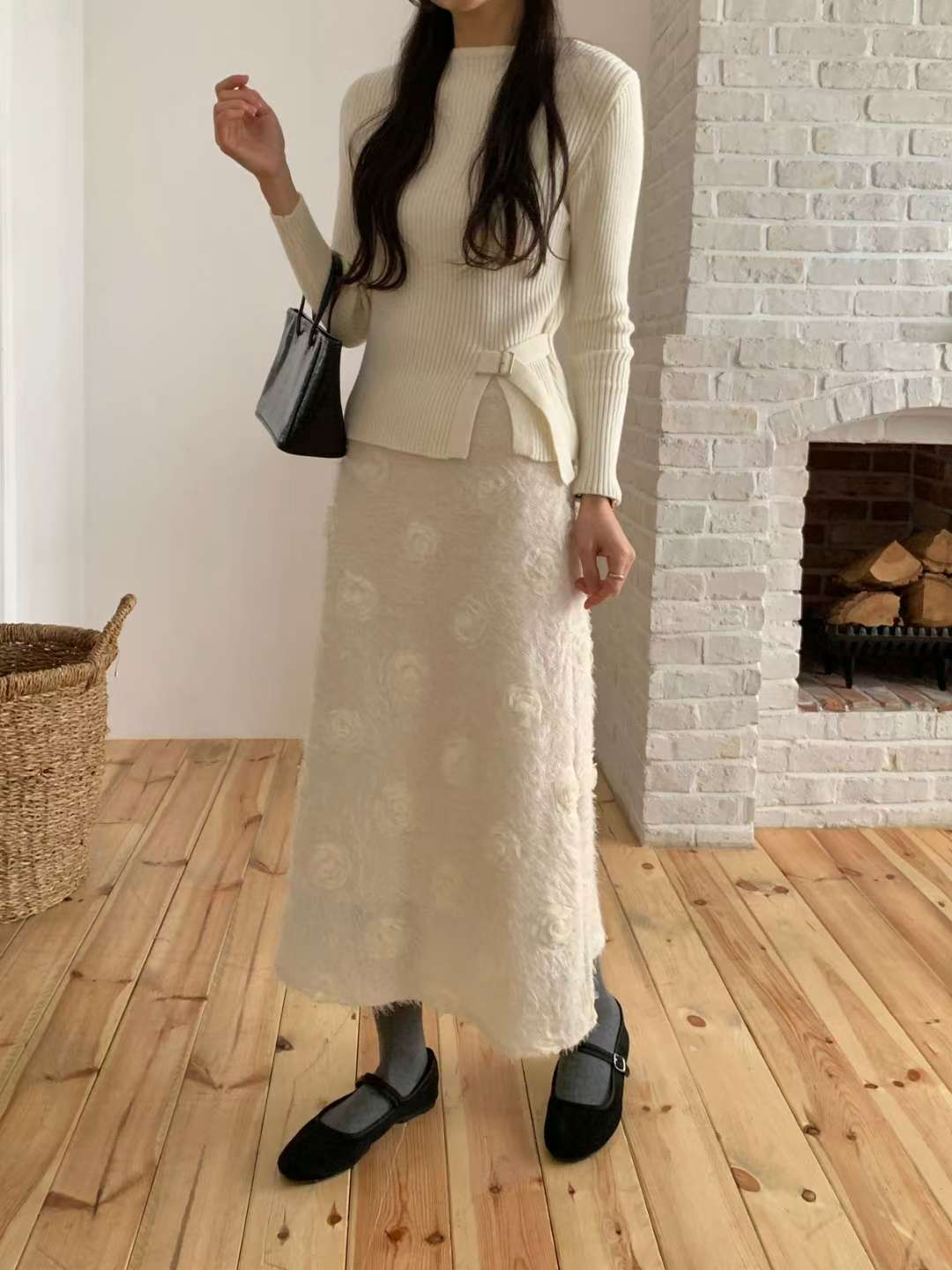 立體玫瑰花毛絨A字裙（S-L)