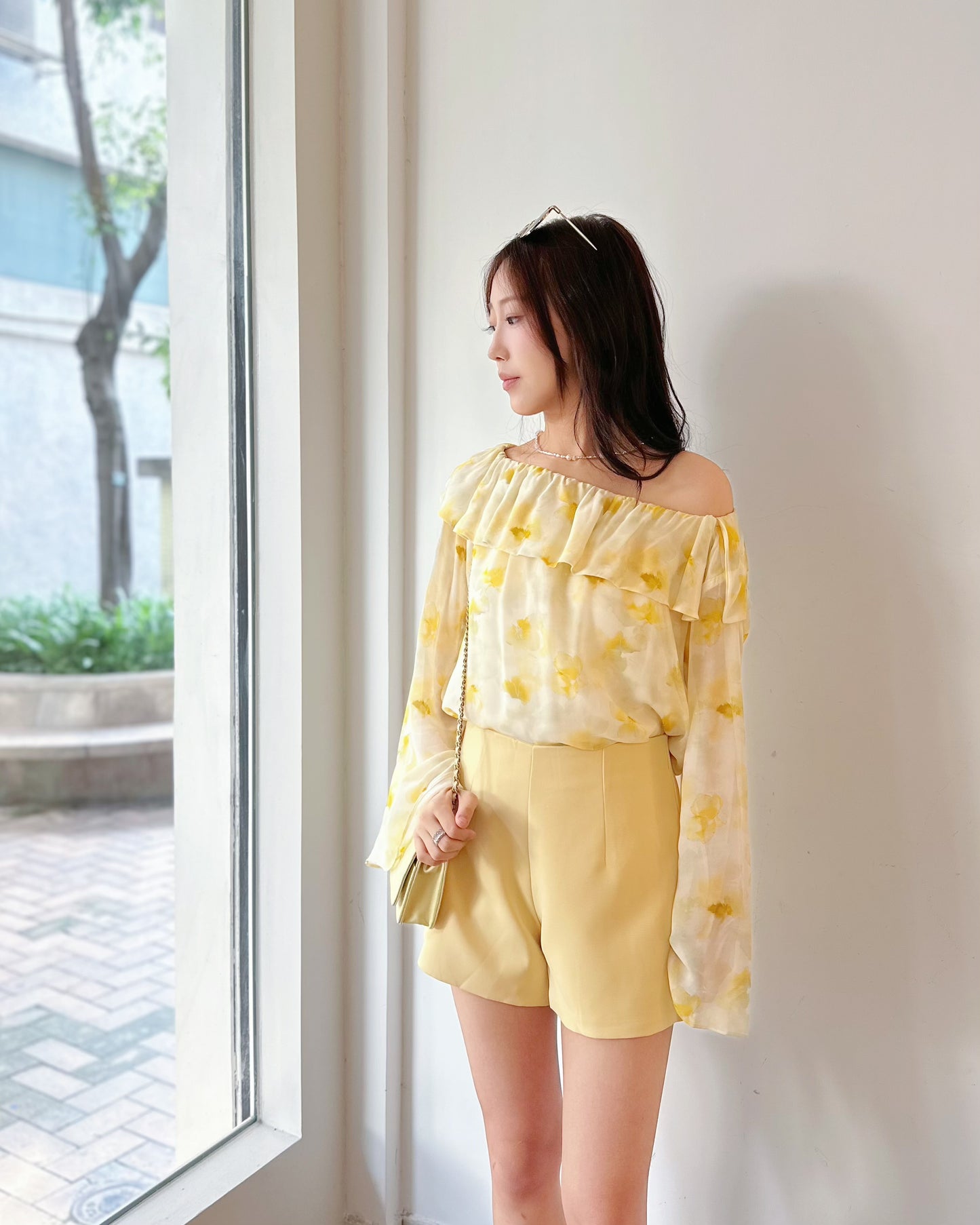 粉黃印花雪紡上衣