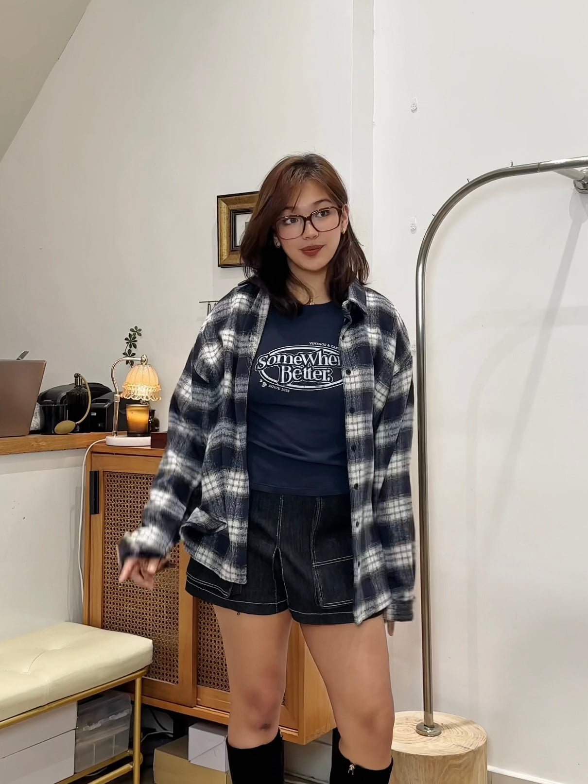 格仔條紋長袖開衫外套