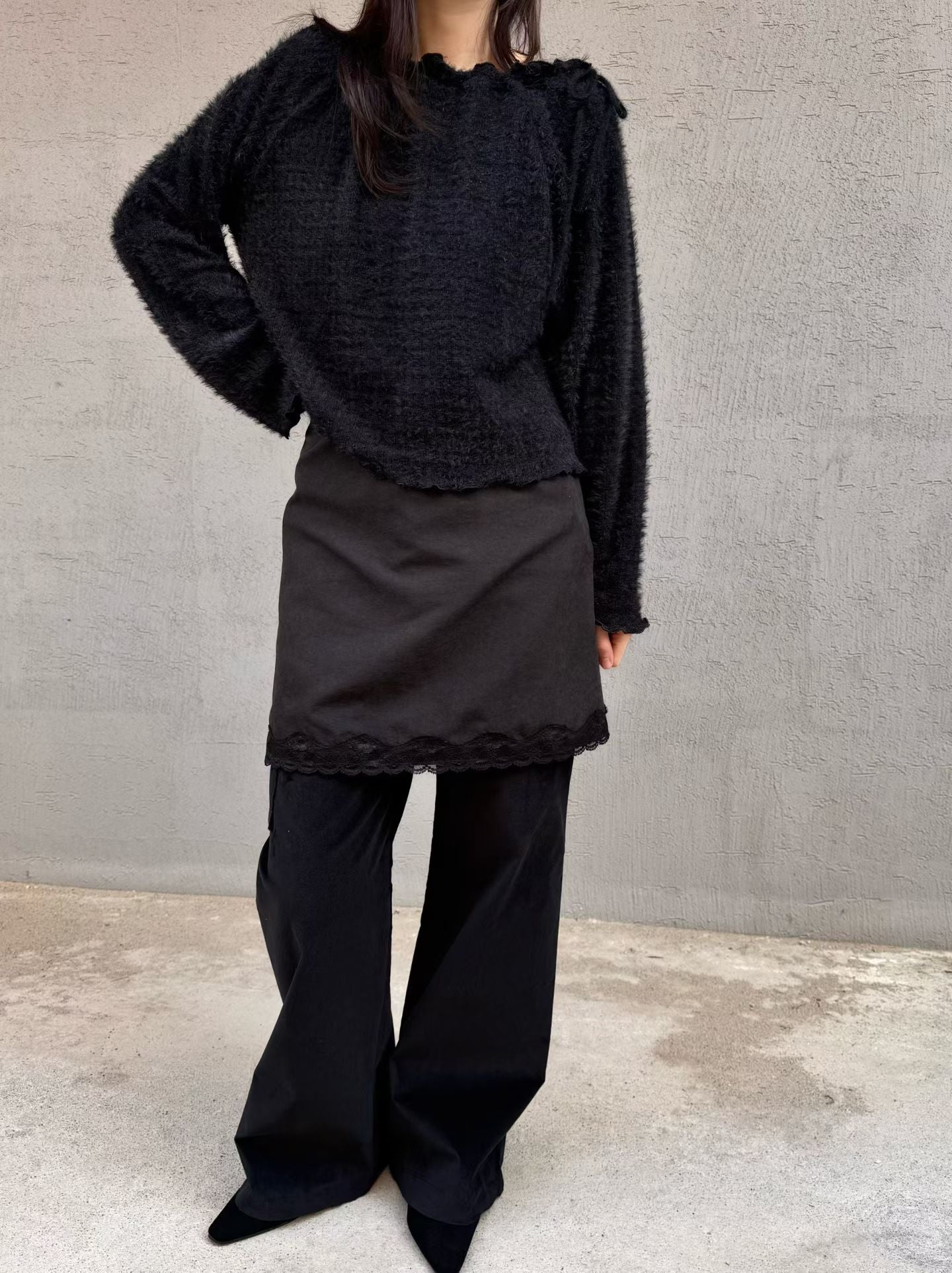 露肩滑身毛料綁帶上衣