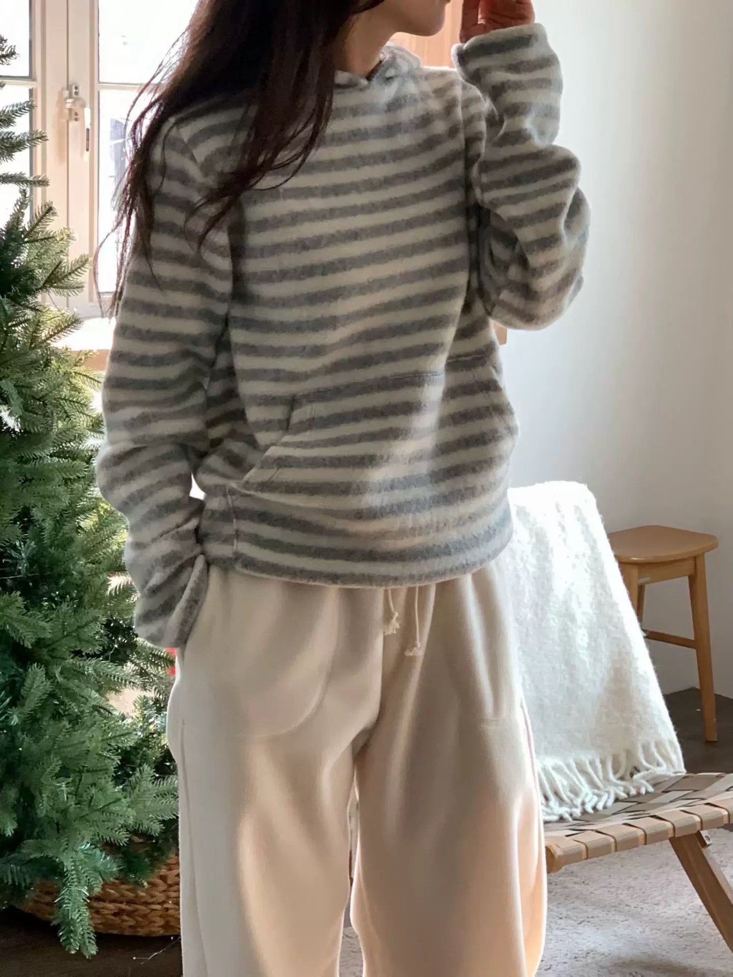 條紋連帽長袖衛衣