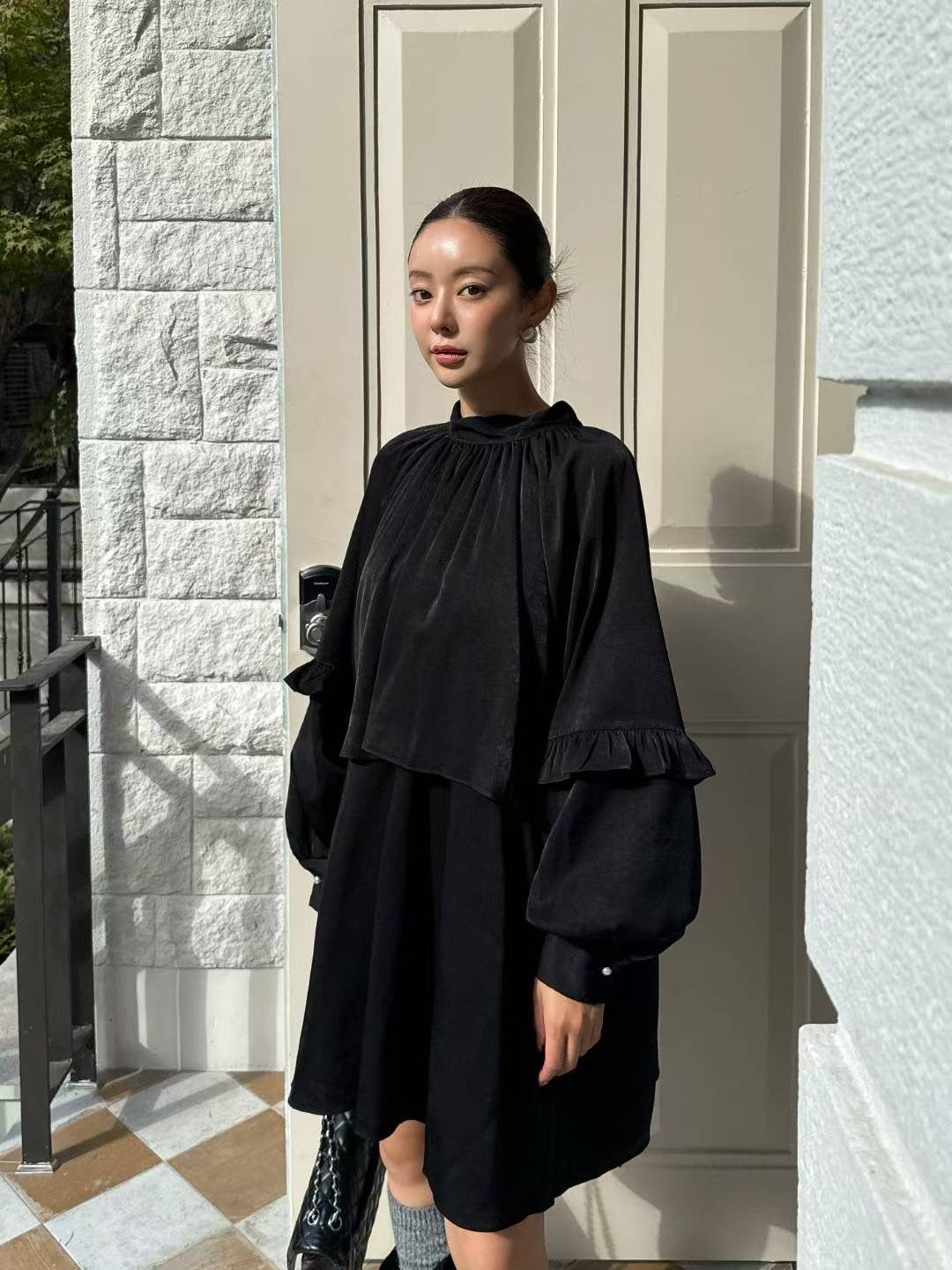 氣質蝴蝶結木耳邊寬松連衣裙