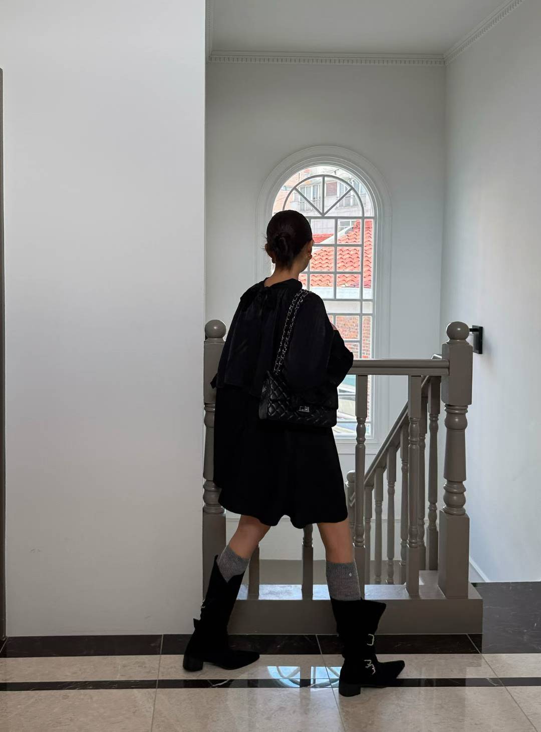 氣質蝴蝶結木耳邊寬松連衣裙