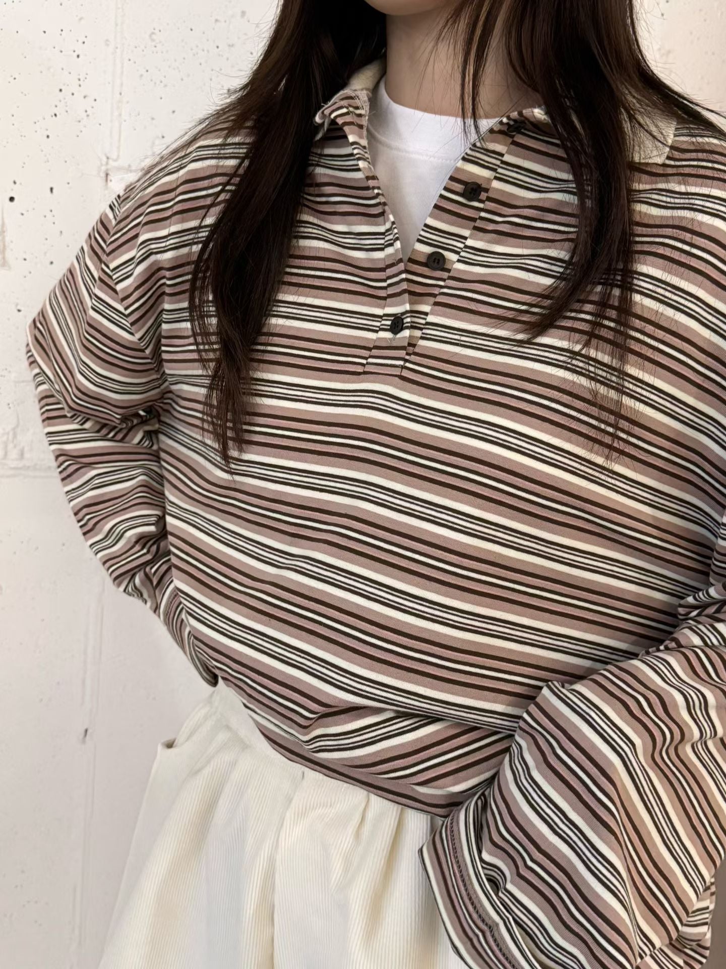 翻領撞色條紋上衣