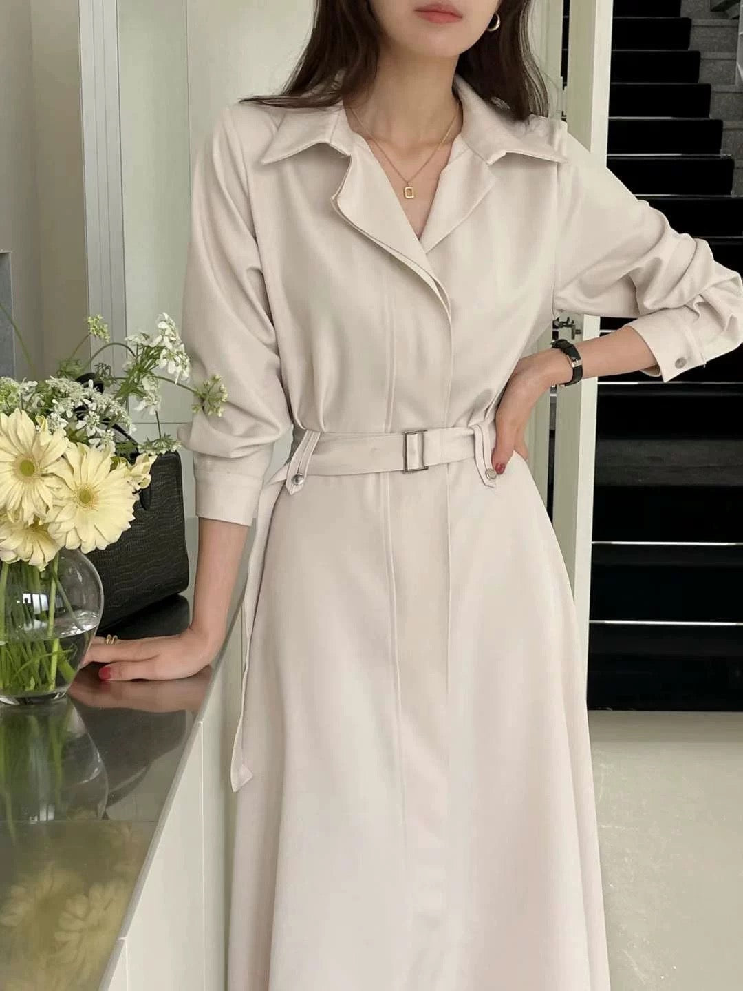 翻領連belt長裙（免熨質地）