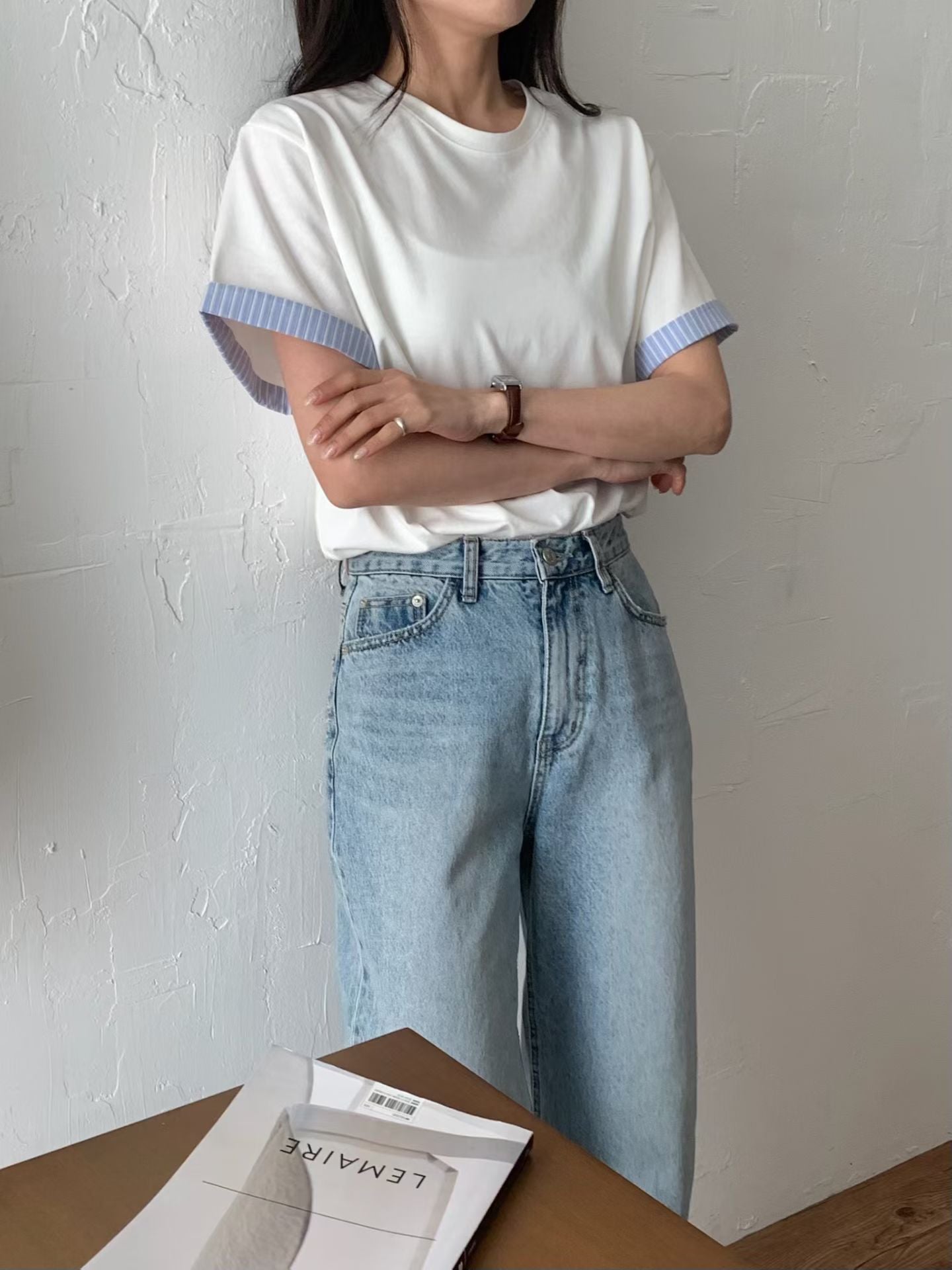 休閑條紋邊Tee