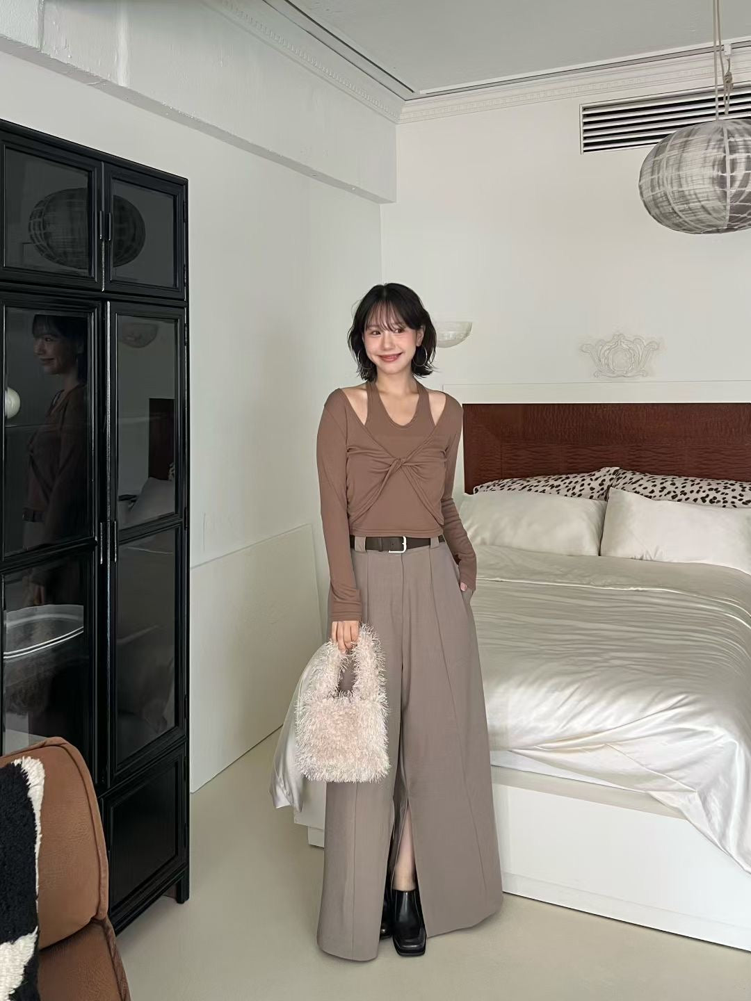 腰帶裝飾開叉西褲（適合腰圍30寸內）