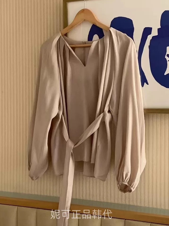 設計感v領綁帶長袖襯衫