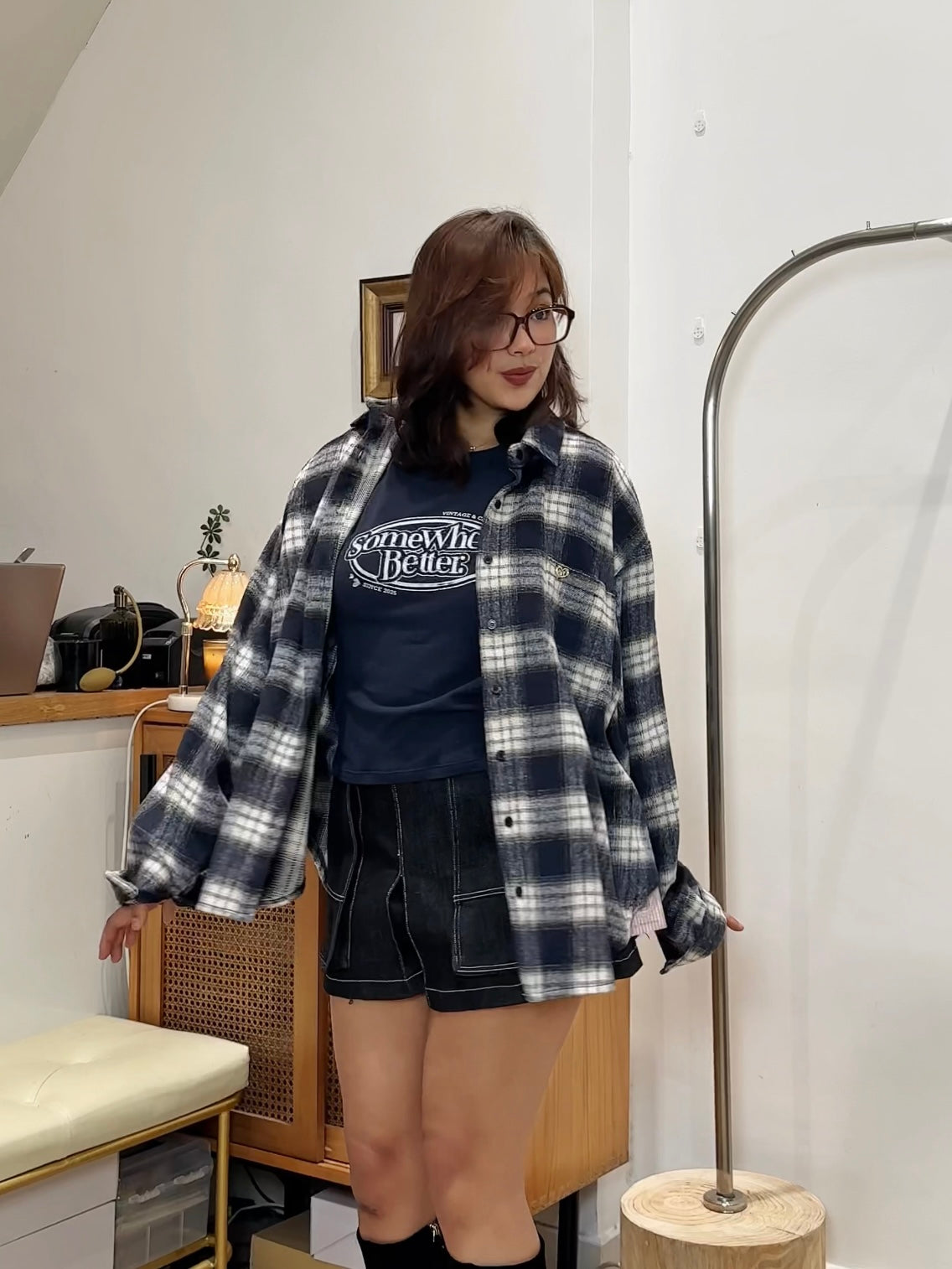 格仔條紋長袖開衫外套