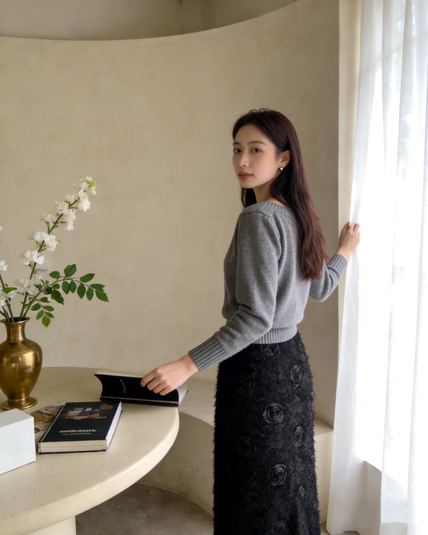 立體玫瑰花毛絨A字裙（S-L)