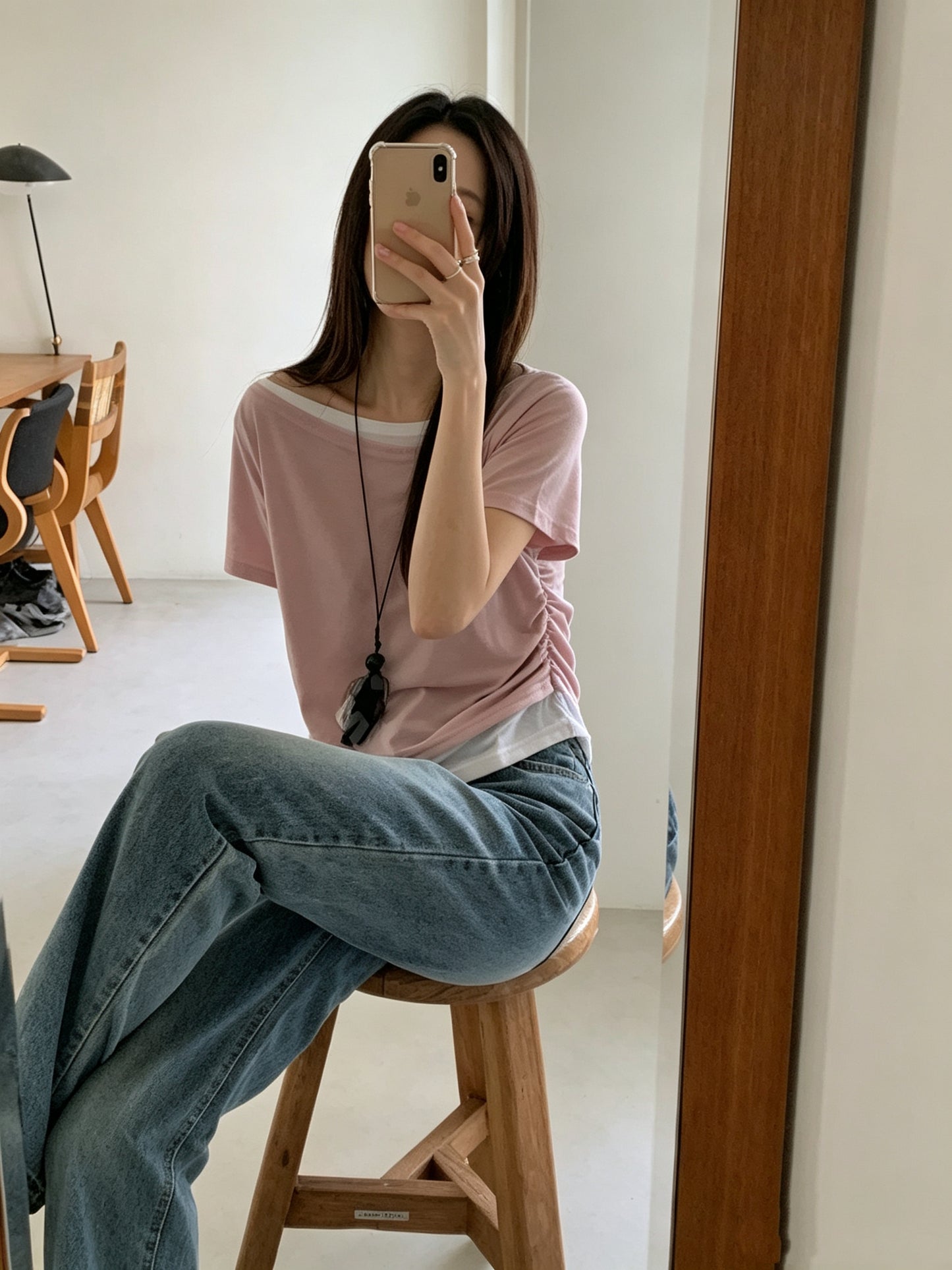 假兩件斜肩tee