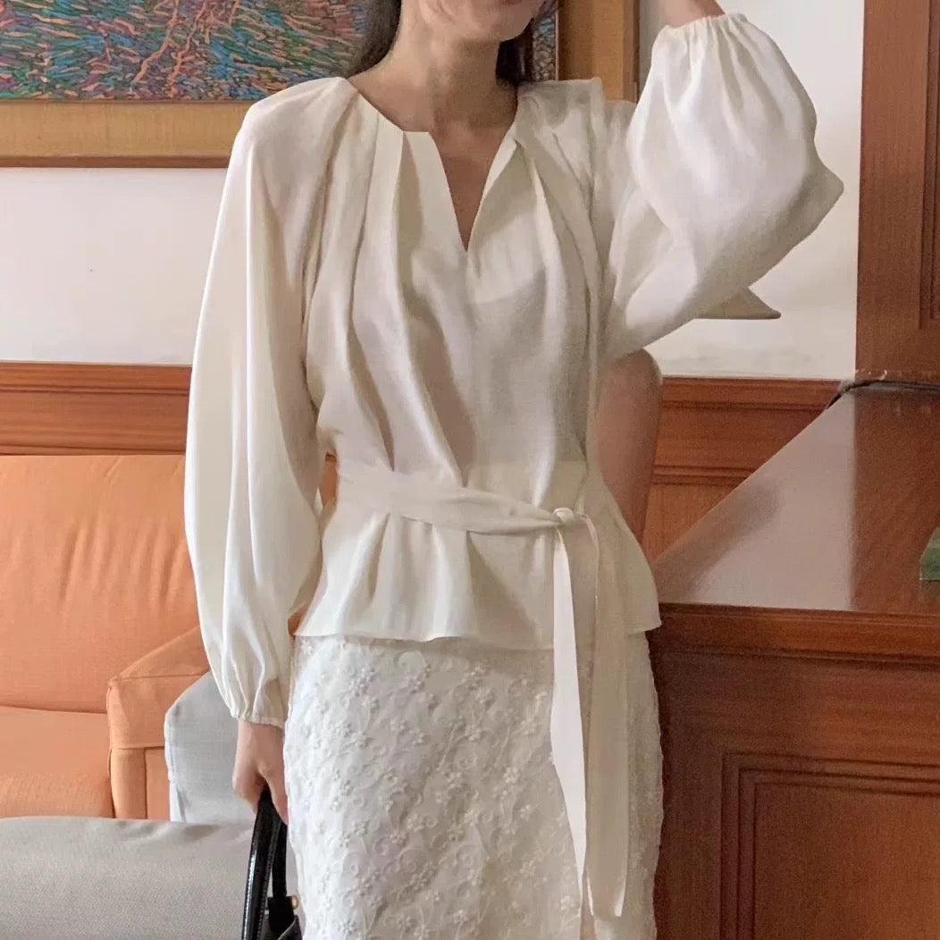 設計感v領綁帶長袖襯衫