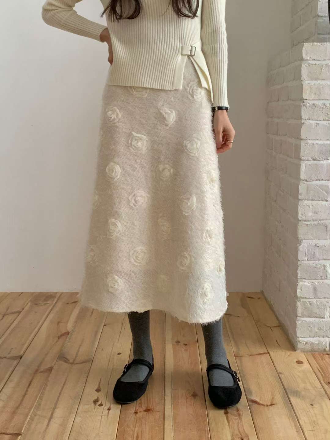 立體玫瑰花毛絨A字裙（S-L)