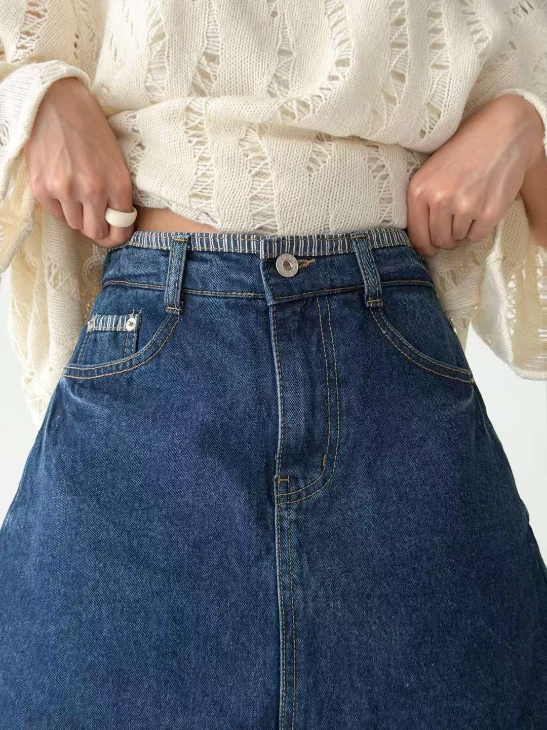 牛仔拼布A字裙（S-L）