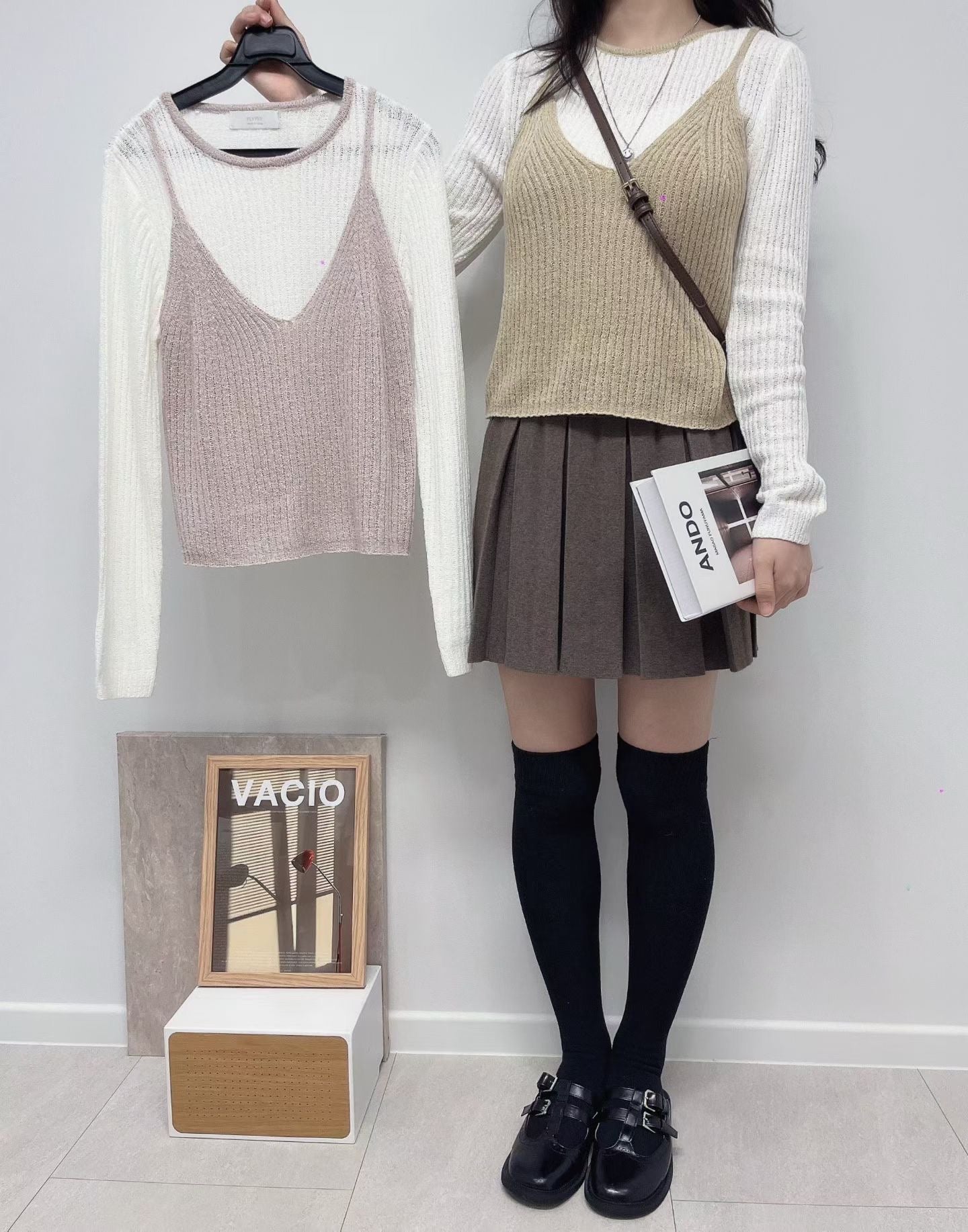 假兩件吊帶長袖上衣