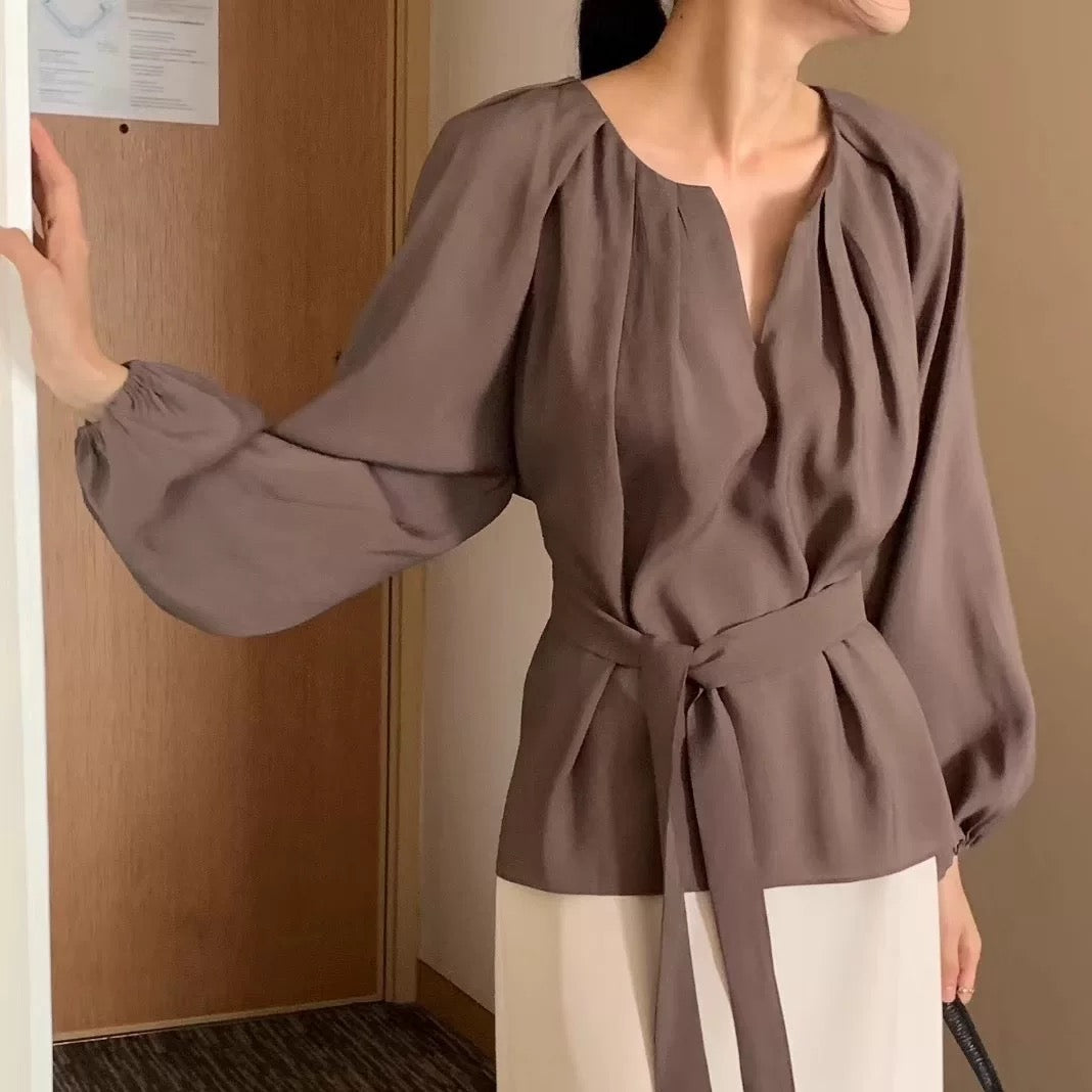 設計感v領綁帶長袖襯衫