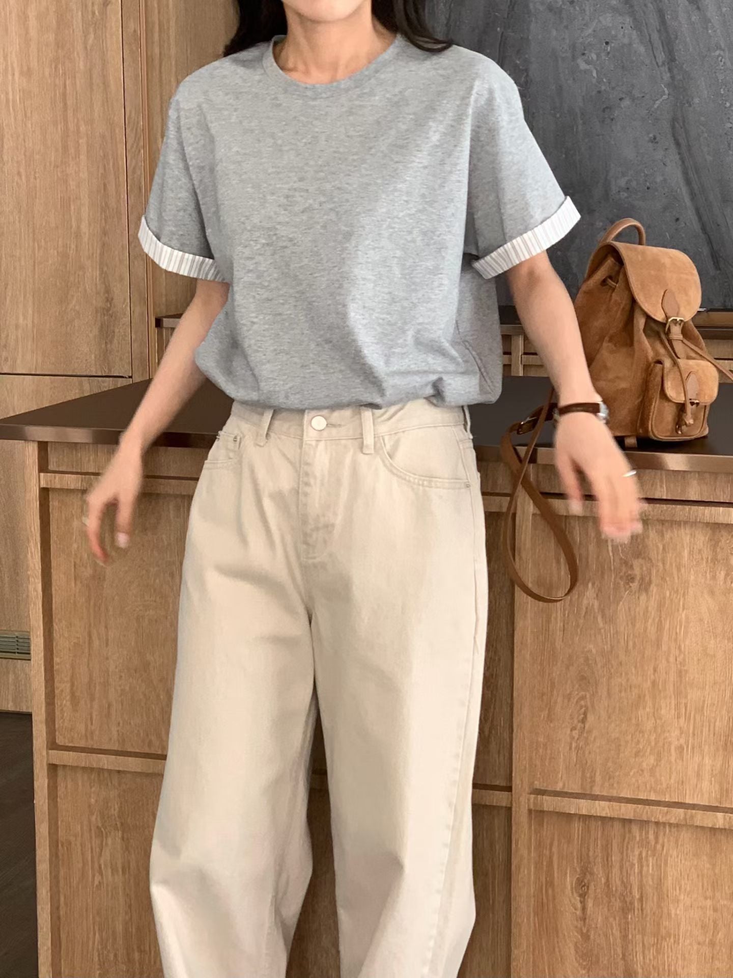 休閑條紋邊Tee