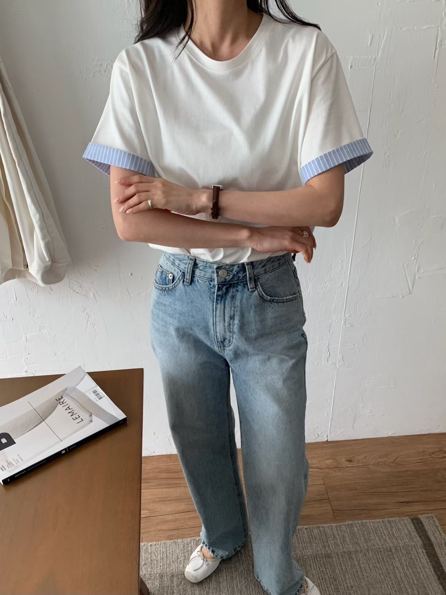 休閑條紋邊Tee