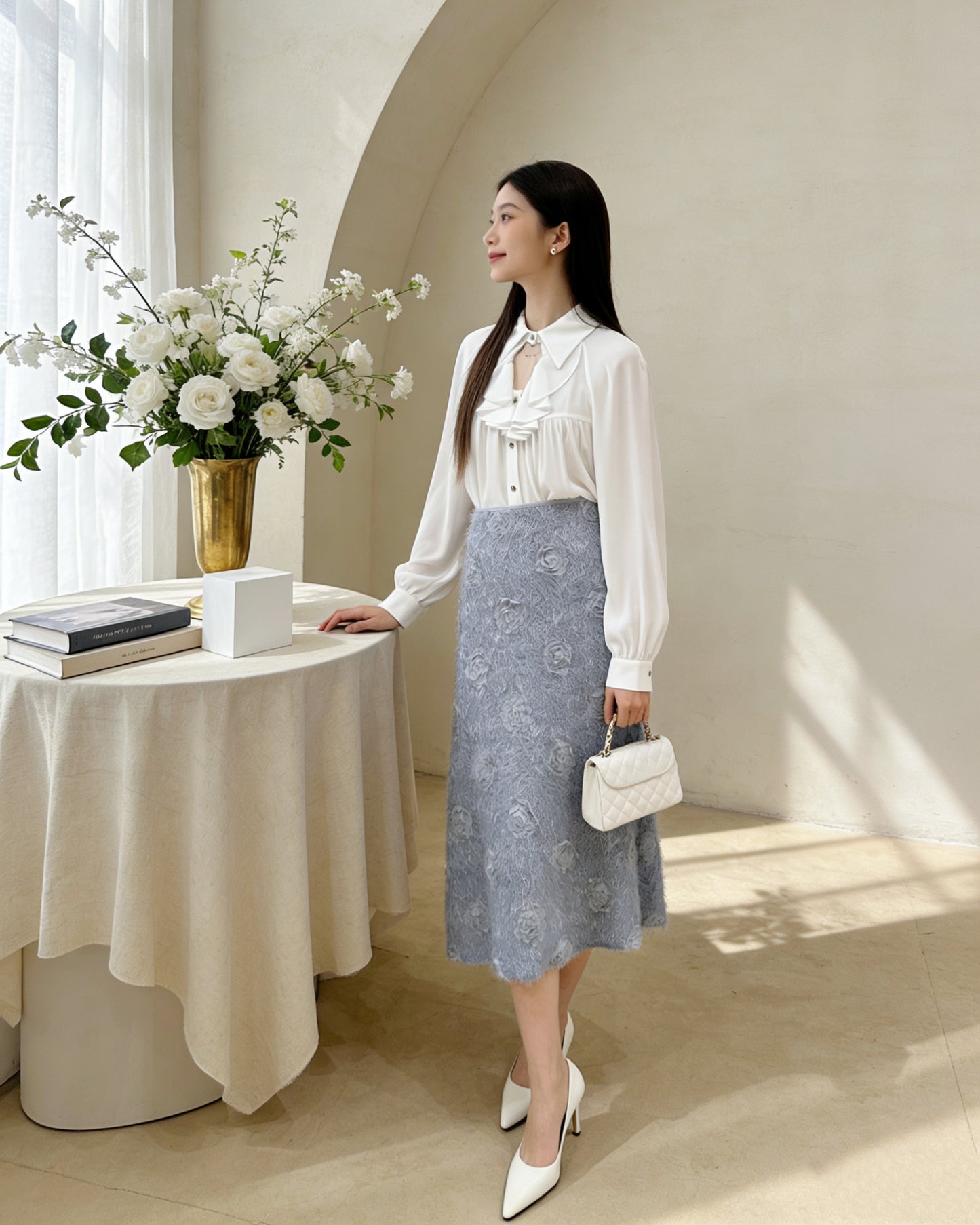 立體玫瑰花毛絨A字裙（S-L)