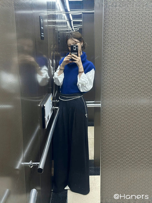 高腰條紋毛料西褲