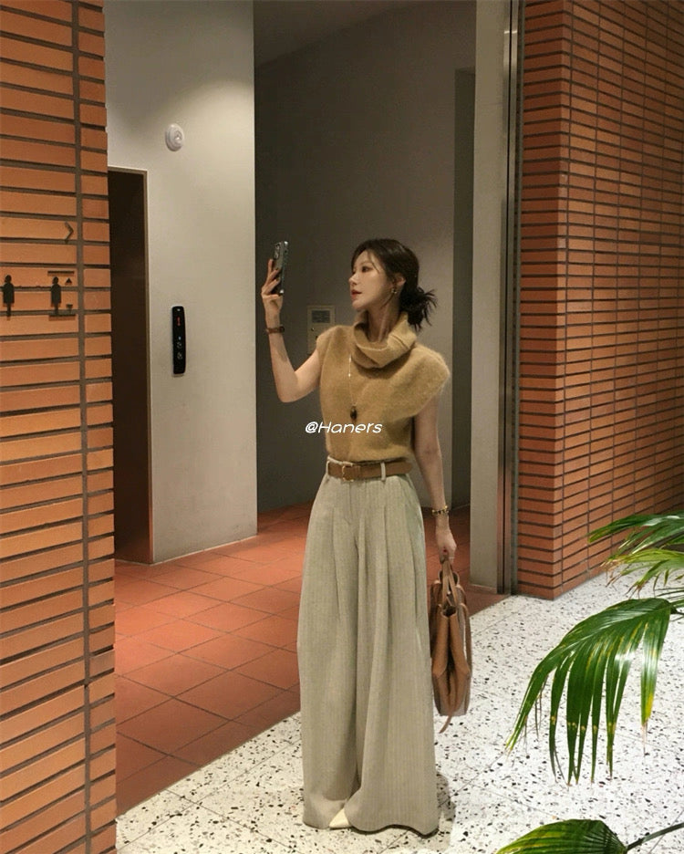 高腰條紋毛料西褲