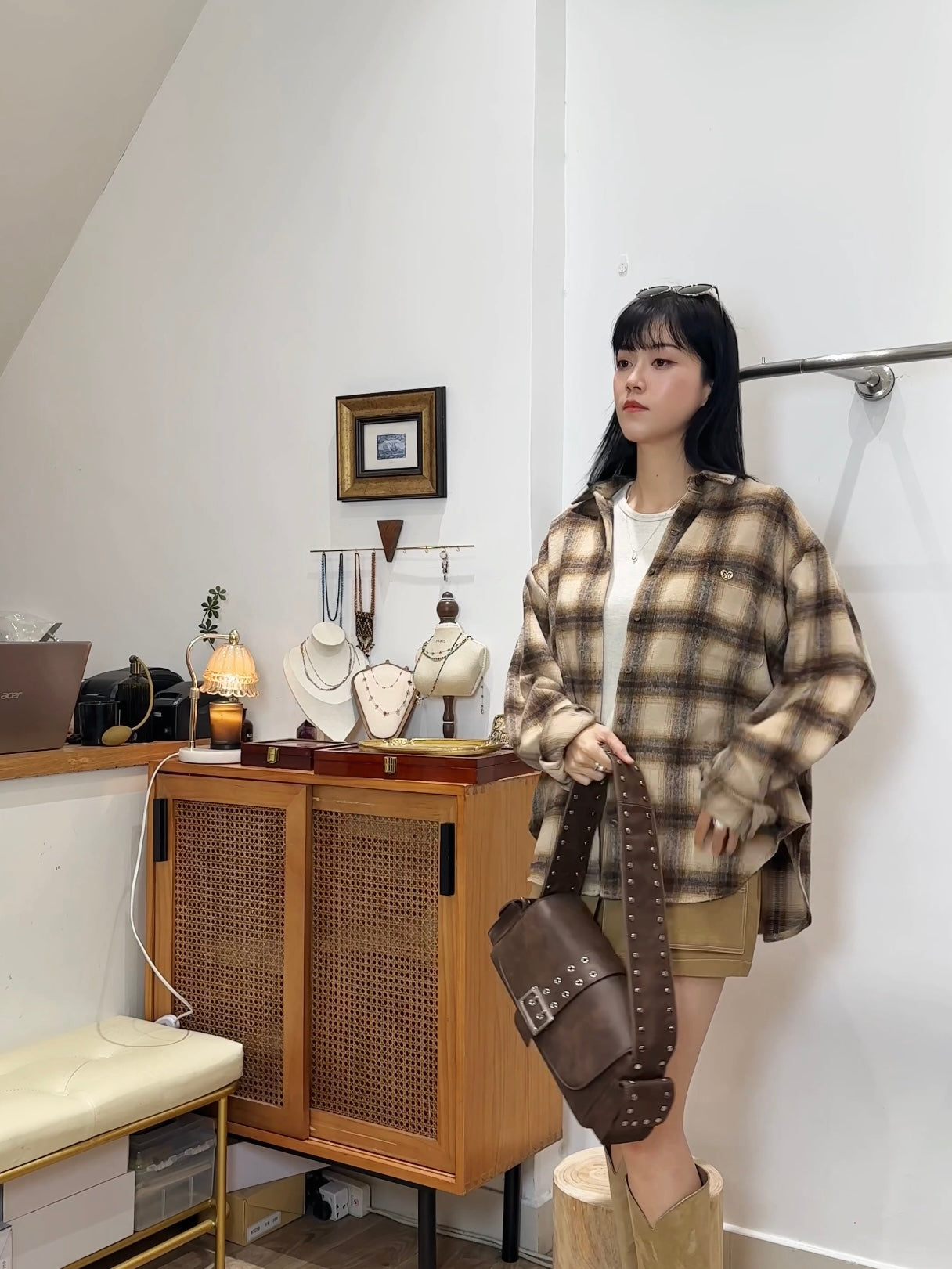 格仔條紋長袖開衫外套