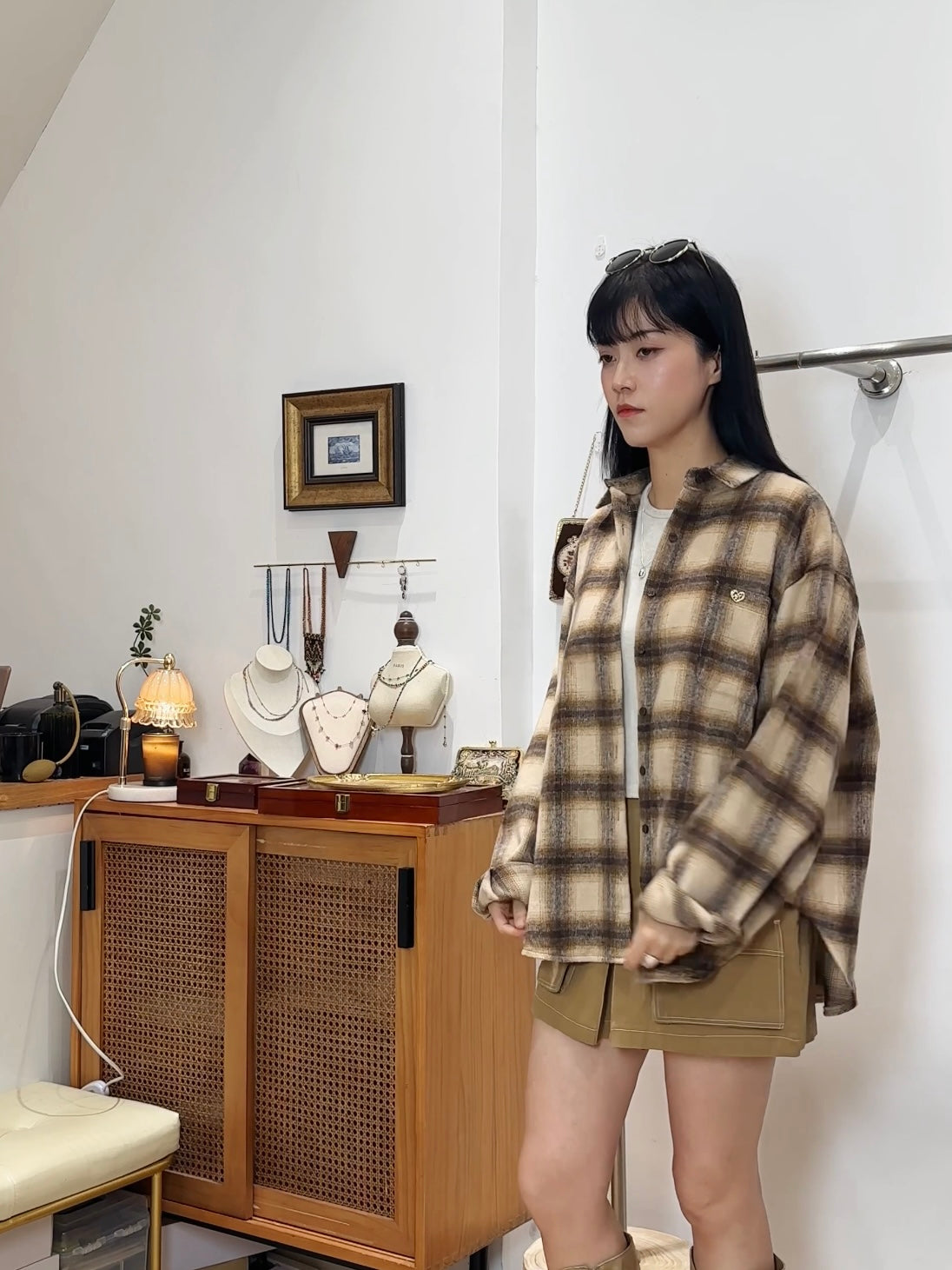 格仔條紋長袖開衫外套