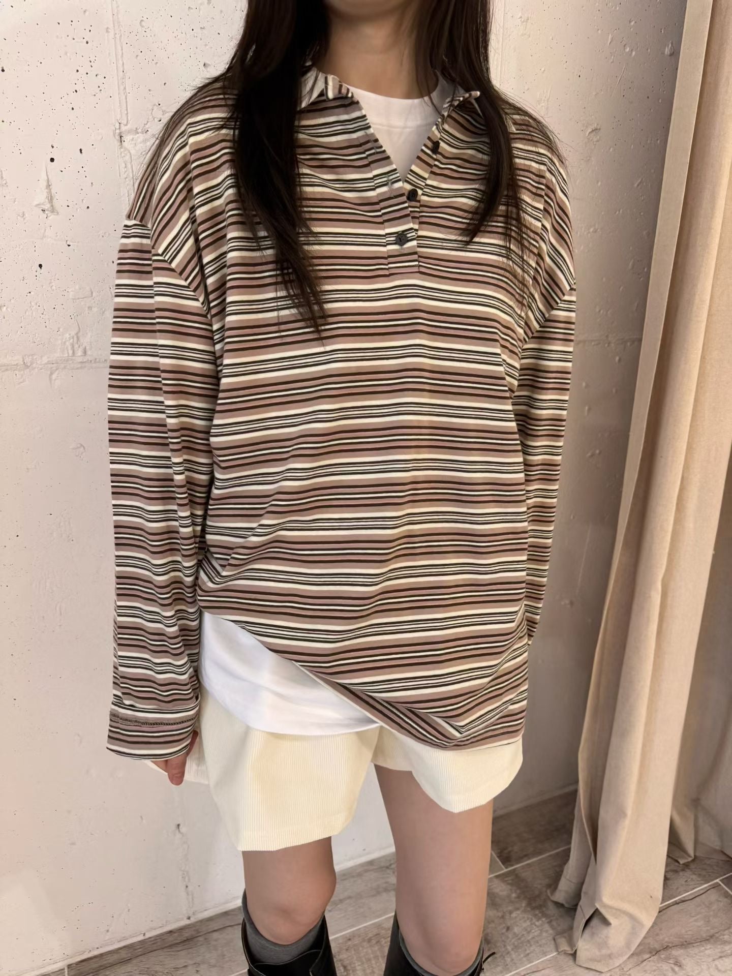 翻領撞色條紋上衣