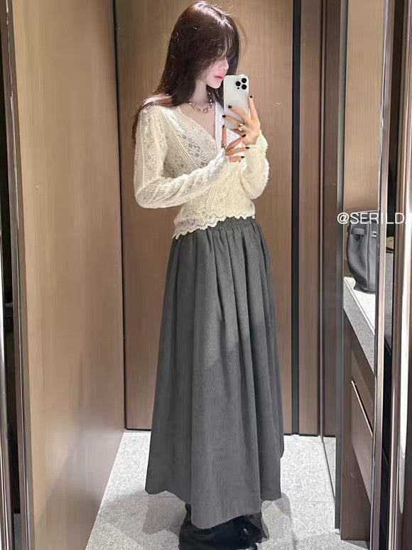 秋冬修身長袖V領蕾絲綁帶開衫