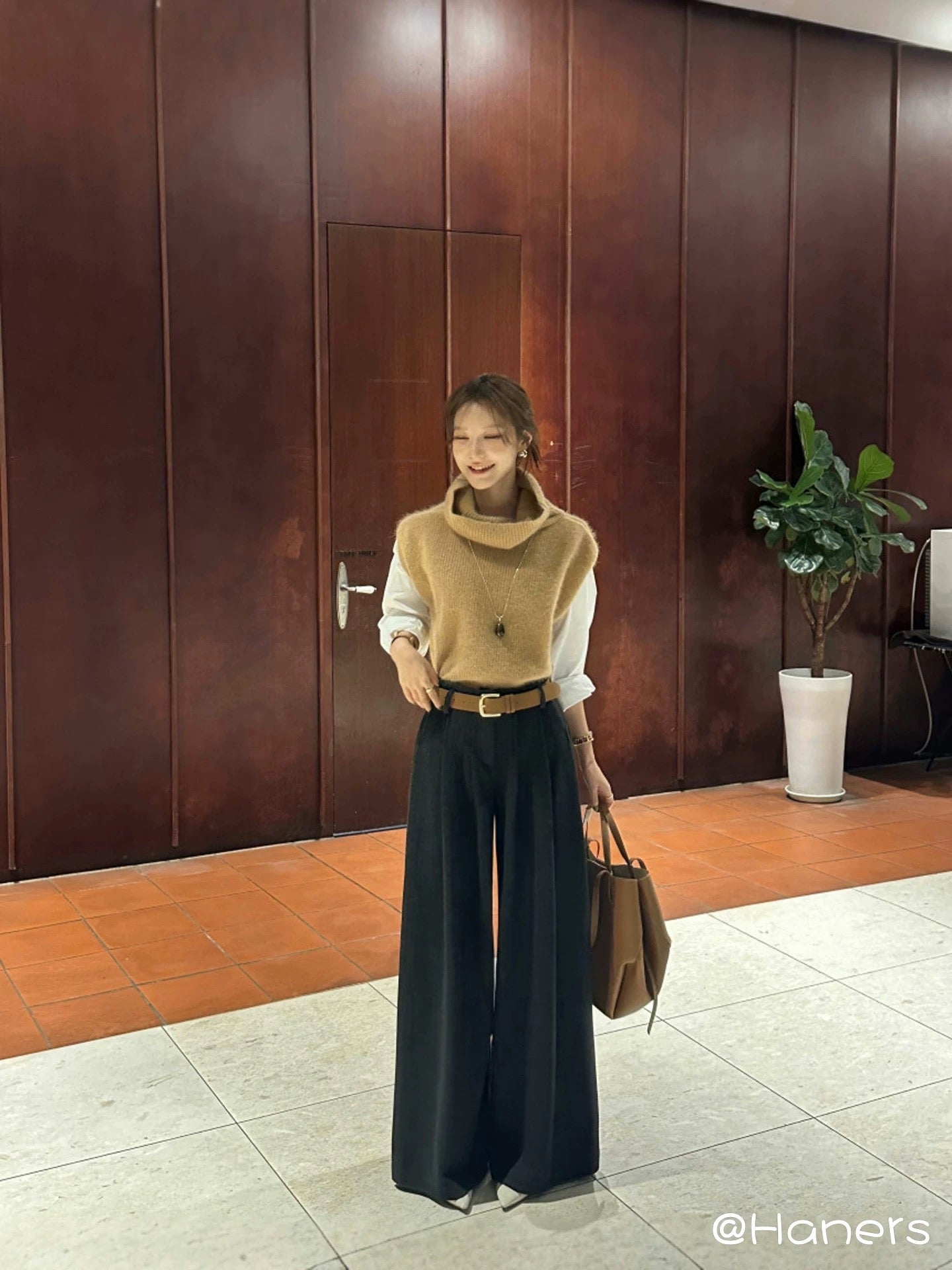 高腰條紋毛料西褲