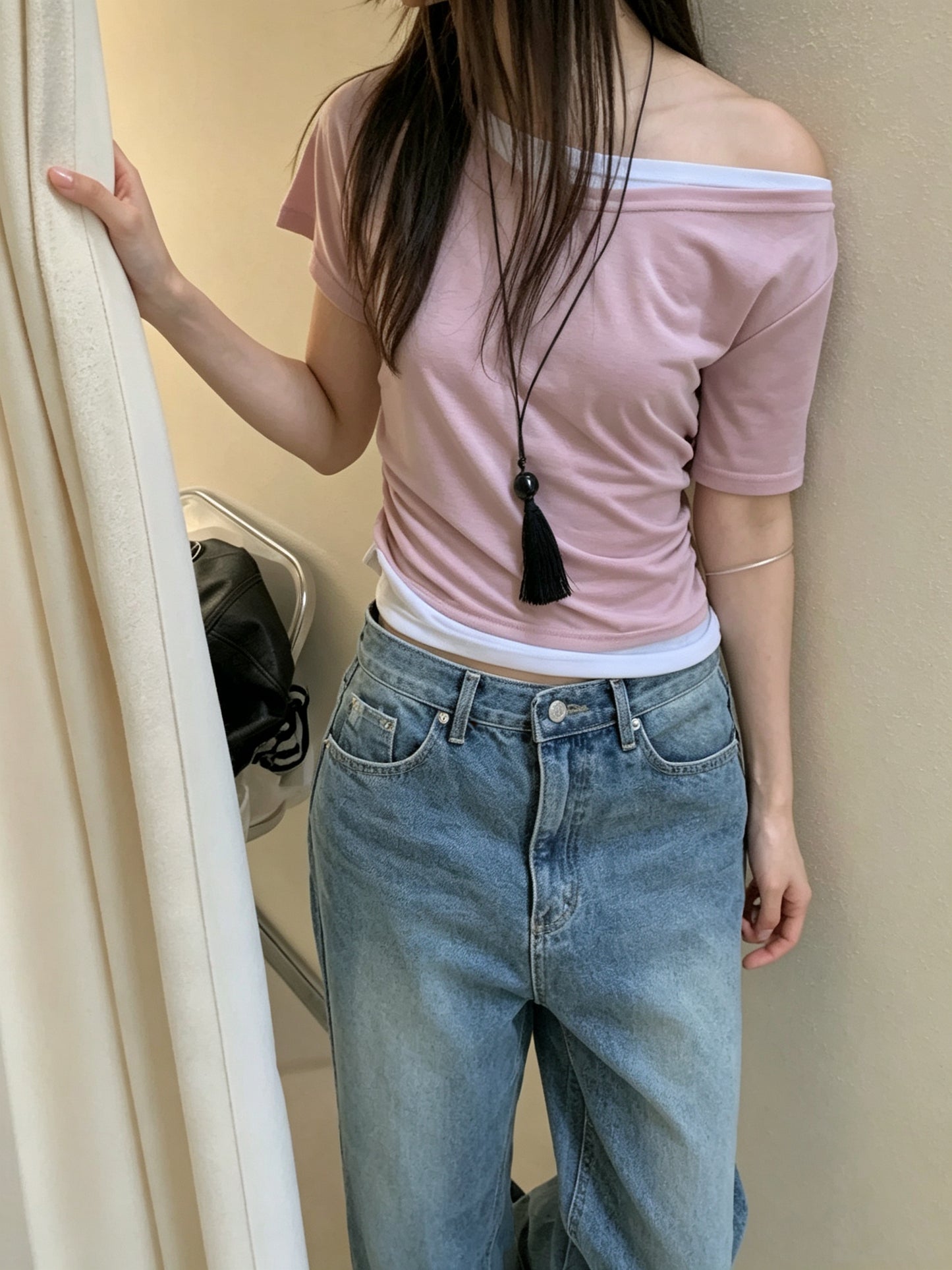 假兩件斜肩tee