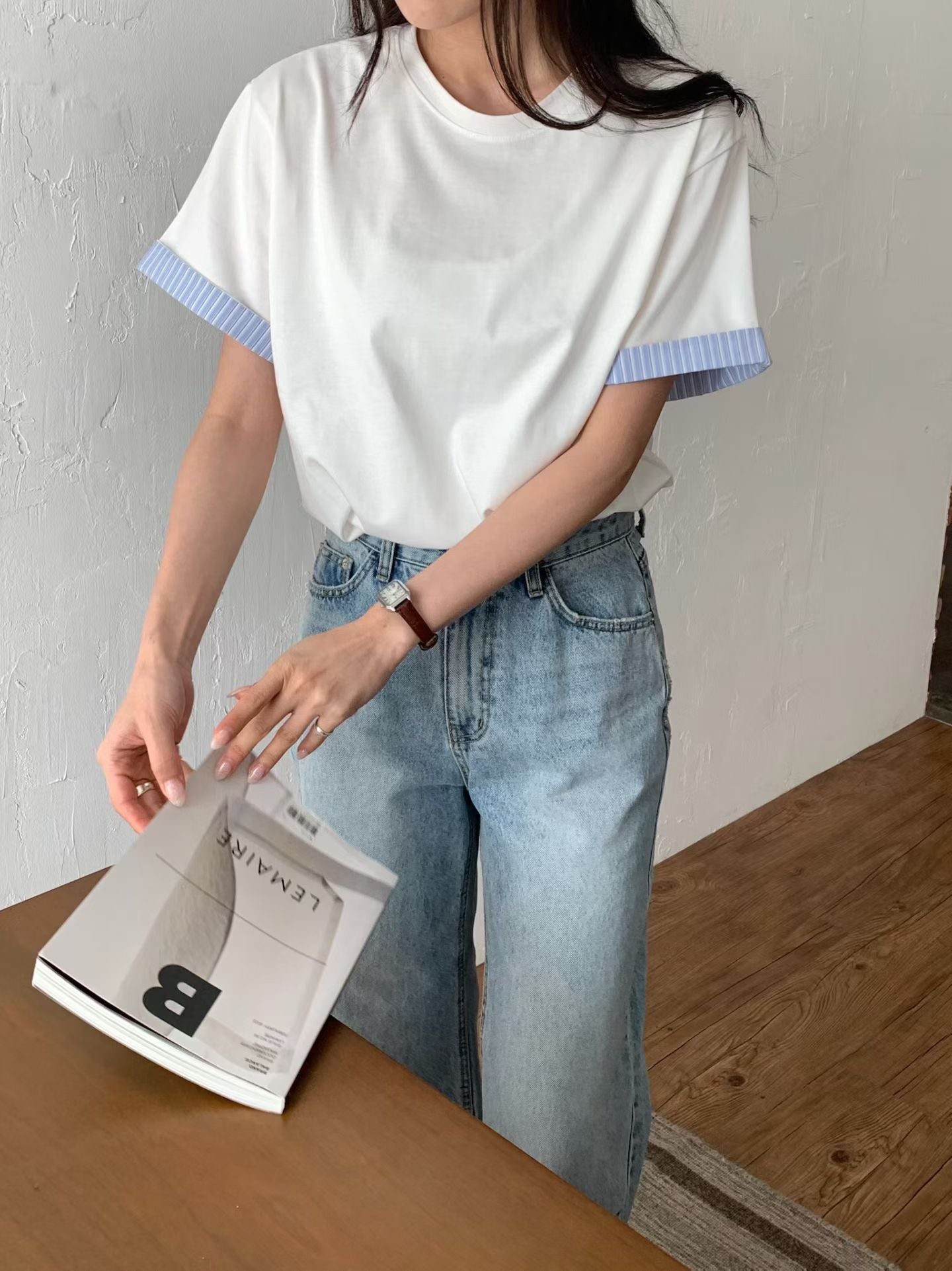 休閑條紋邊Tee