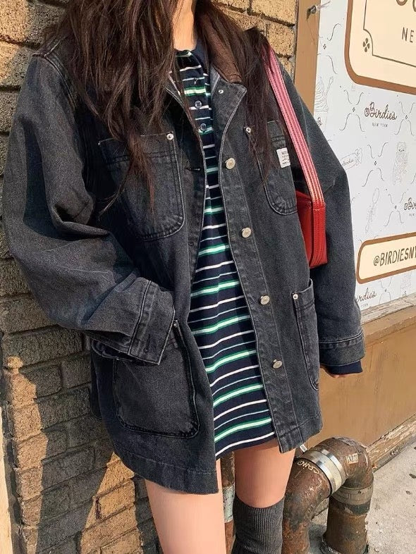 牛仔撞色長袖外套