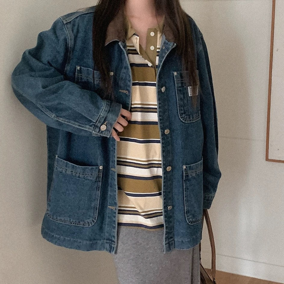 牛仔撞色長袖外套