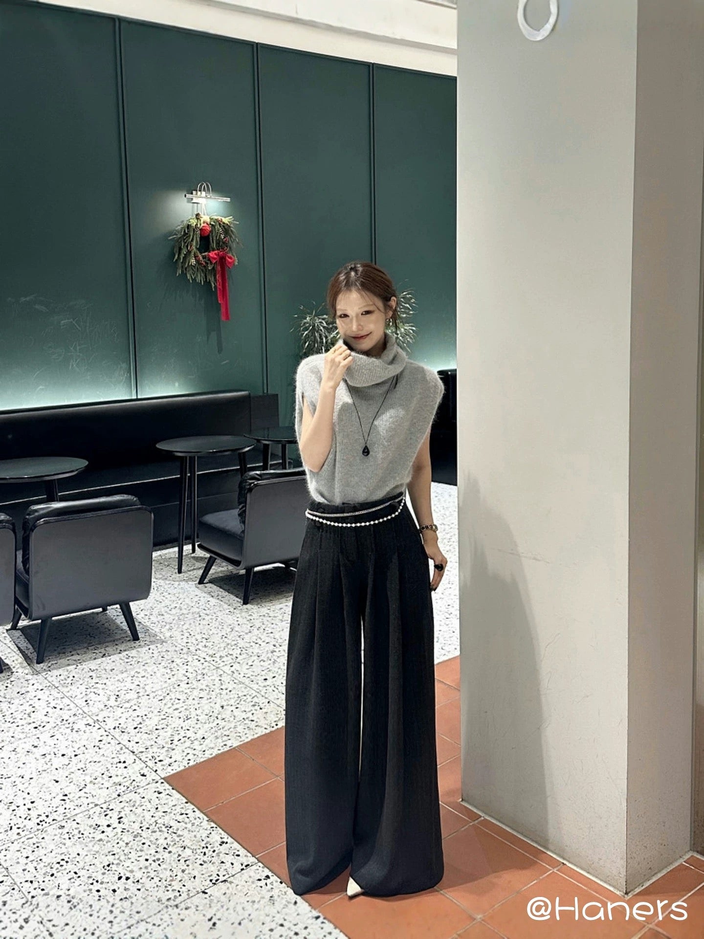 高腰條紋毛料西褲