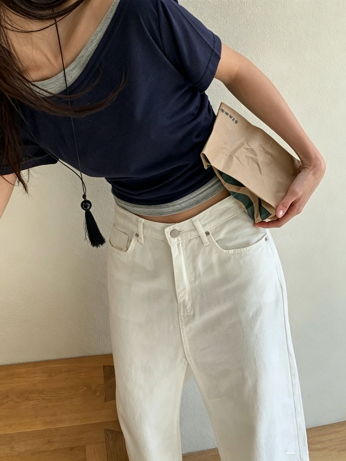 假兩件斜肩tee