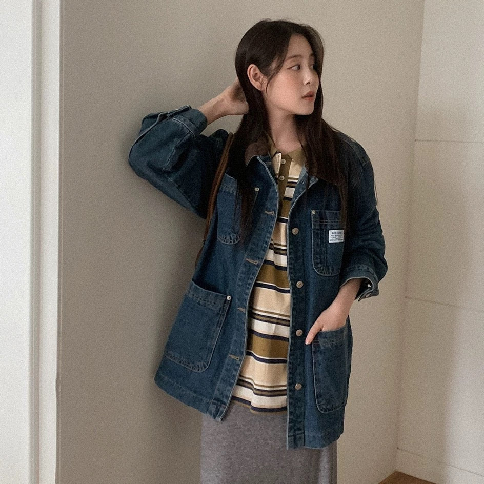 牛仔撞色長袖外套