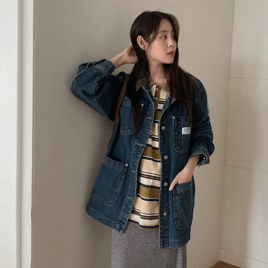 牛仔撞色長袖外套