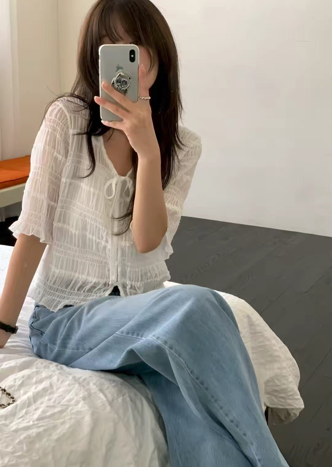 綁帶皺褶微透top