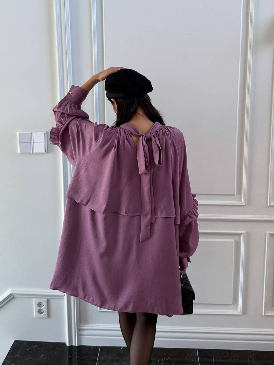 氣質蝴蝶結木耳邊寬松連衣裙