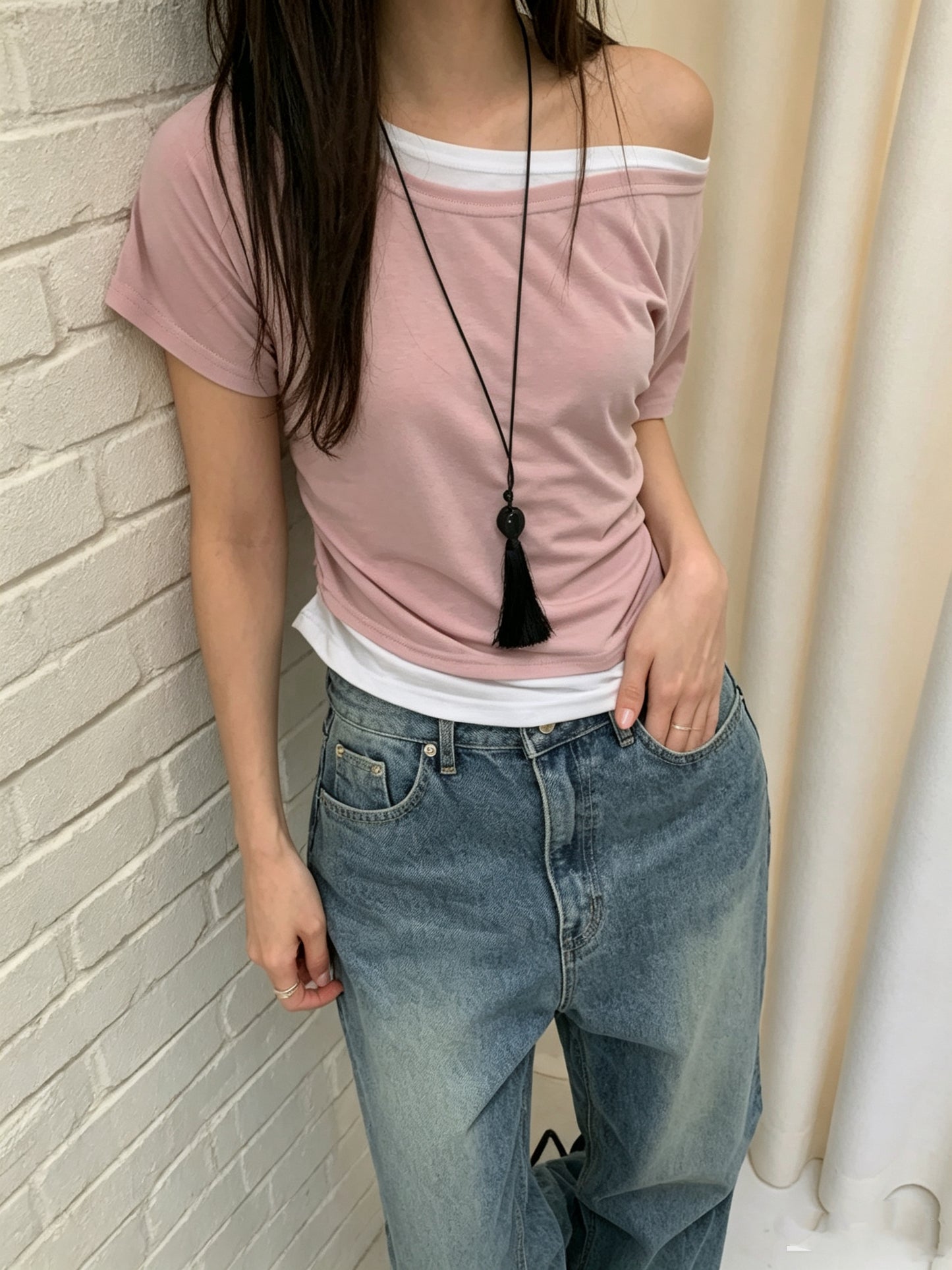 假兩件斜肩tee